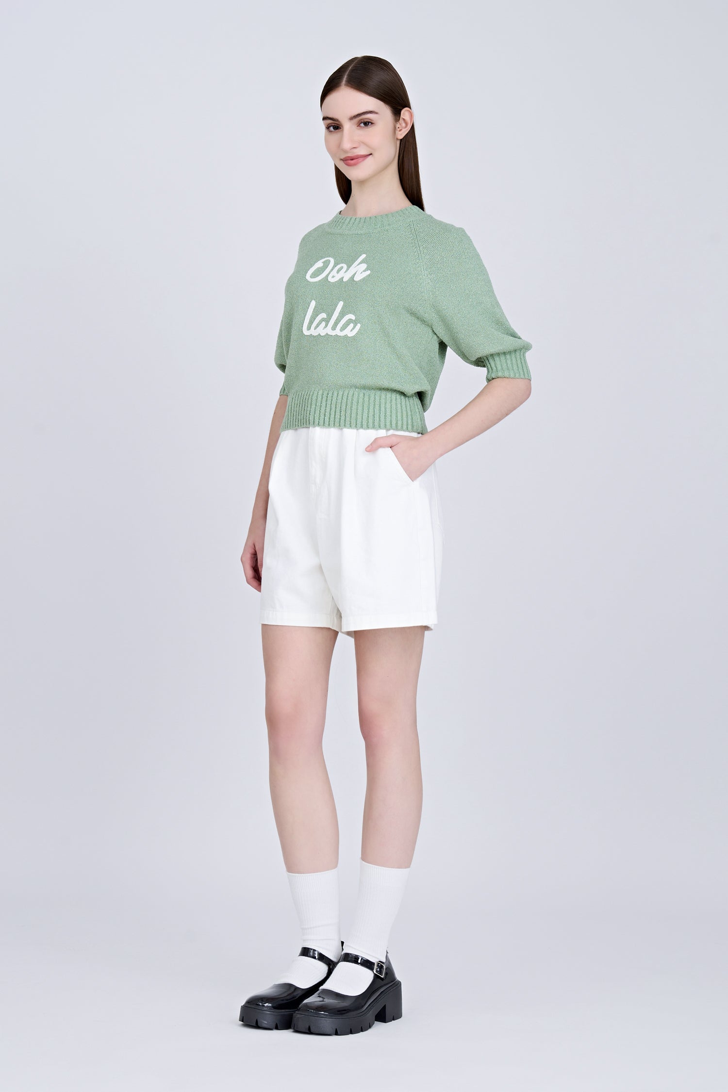 Textured Knitted Top w/ Embroidery Text - Pistachio