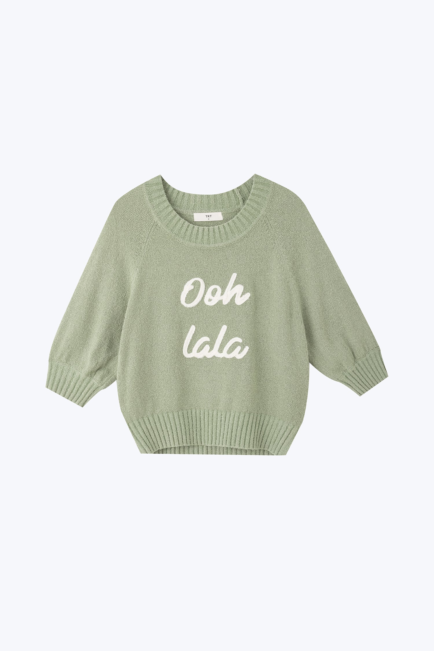 Textured Knitted Top w/ Embroidery Text - Pistachio