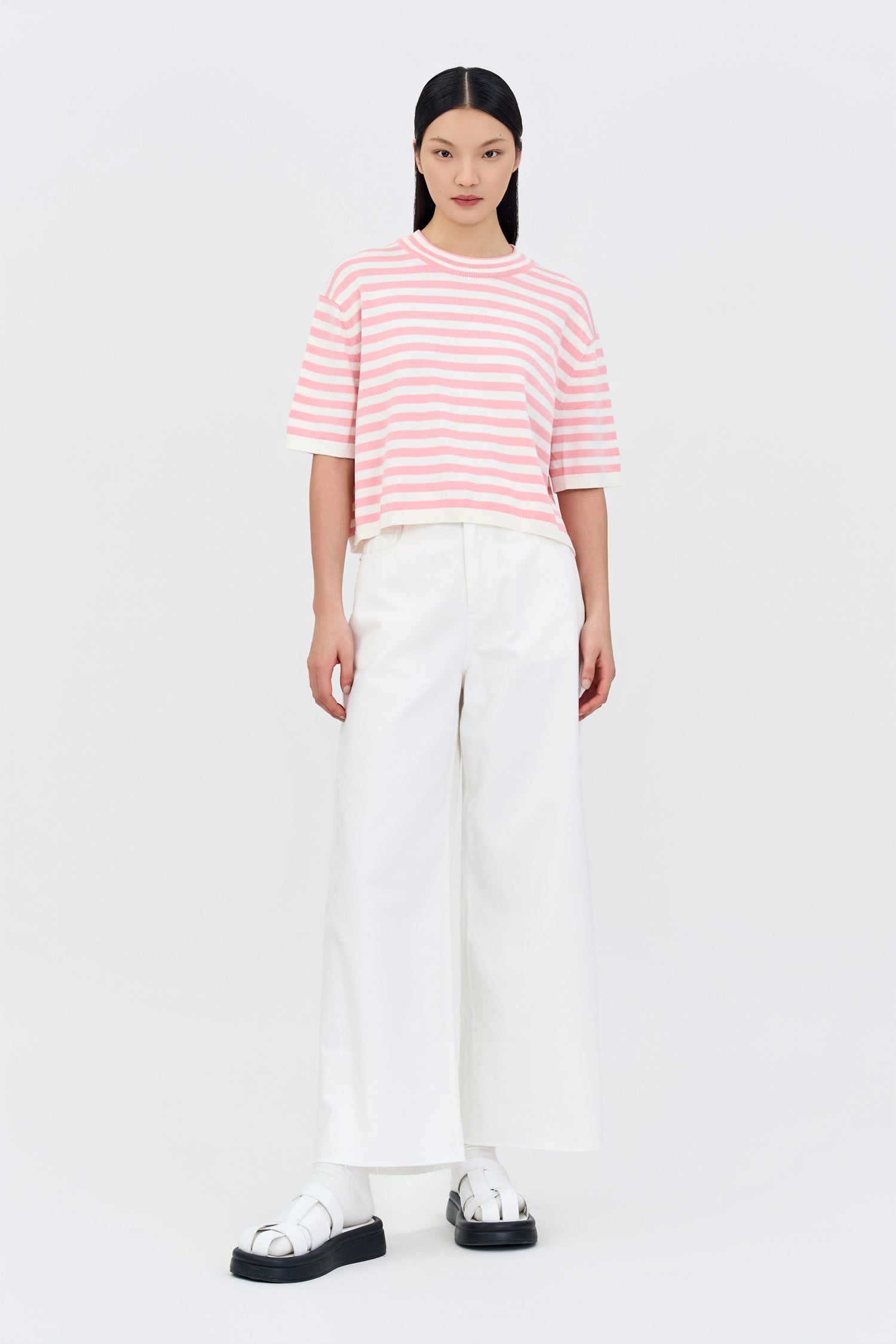 Knitted Drop Shoulders Top - Blush Stripes