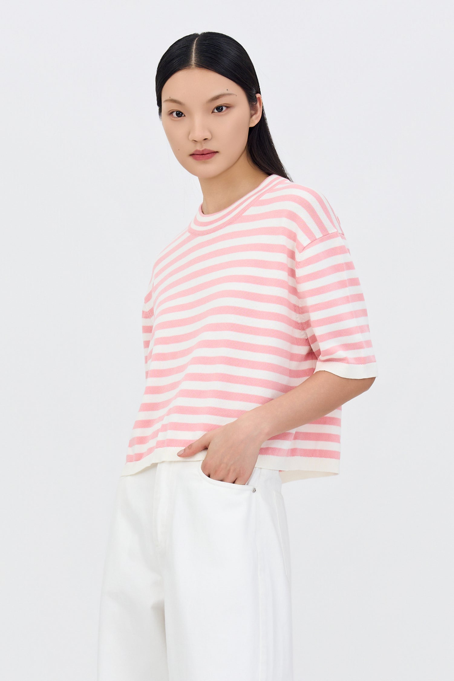 Knitted Drop Shoulders Top - Blush Stripes