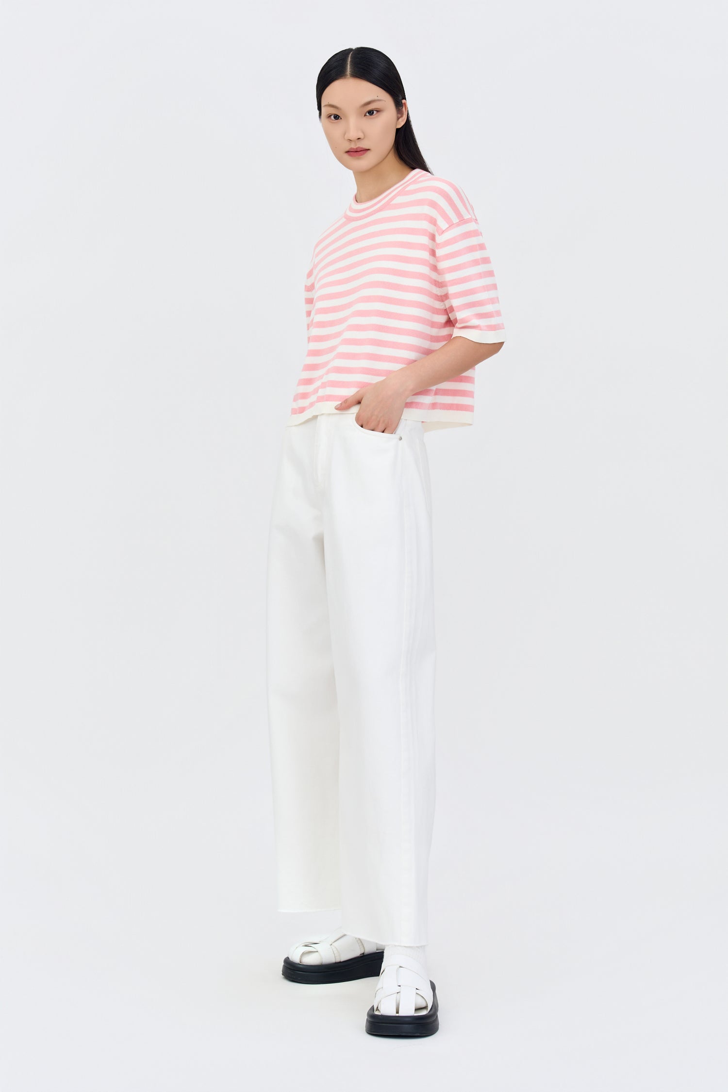Knitted Drop Shoulders Top - Blush Stripes