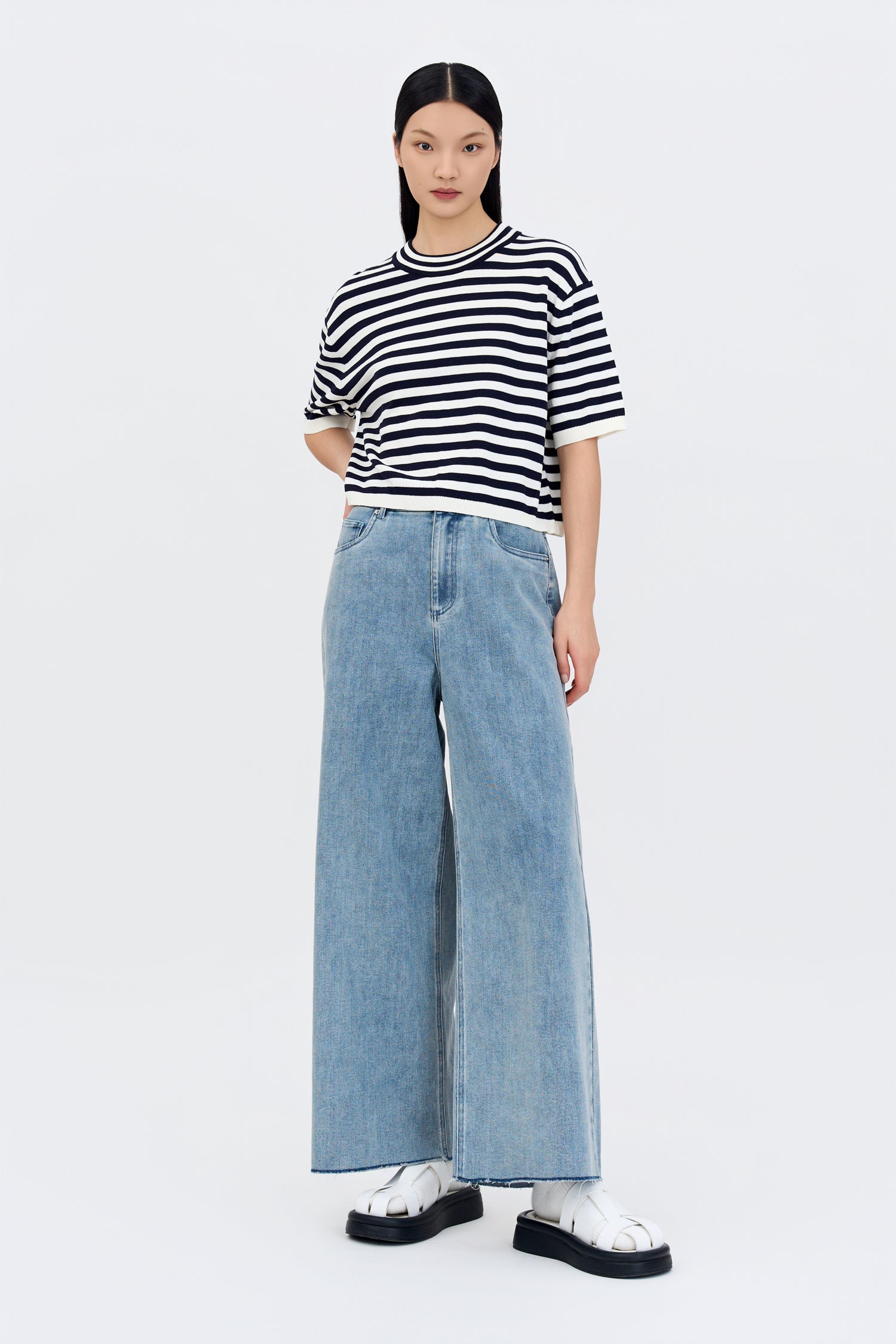 Knitted Drop Shoulders Top - Navy Stripes
