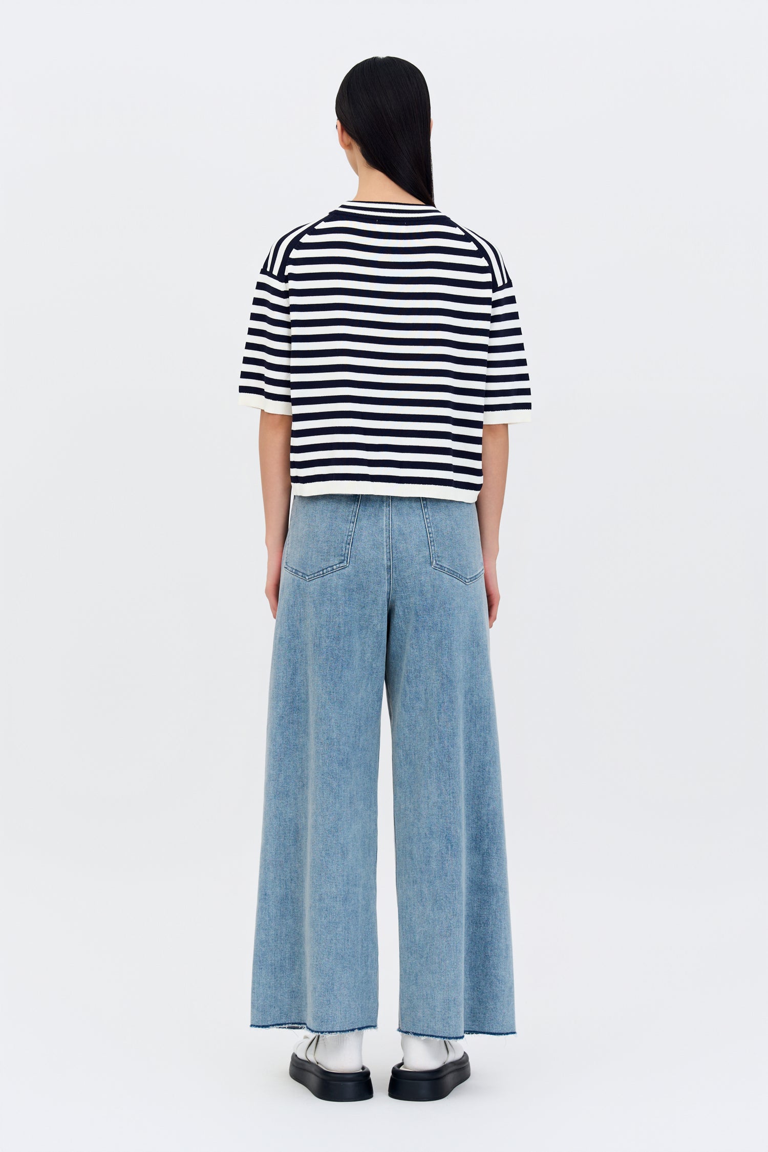 Knitted Drop Shoulders Top - Navy Stripes