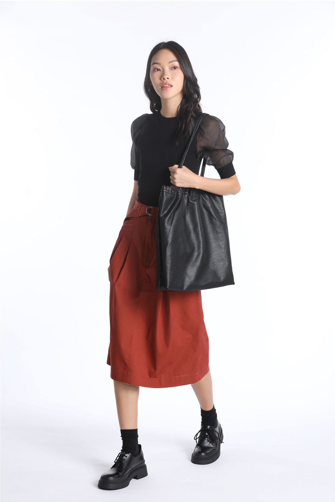 Knitted Puff Sleeves Top - Black
