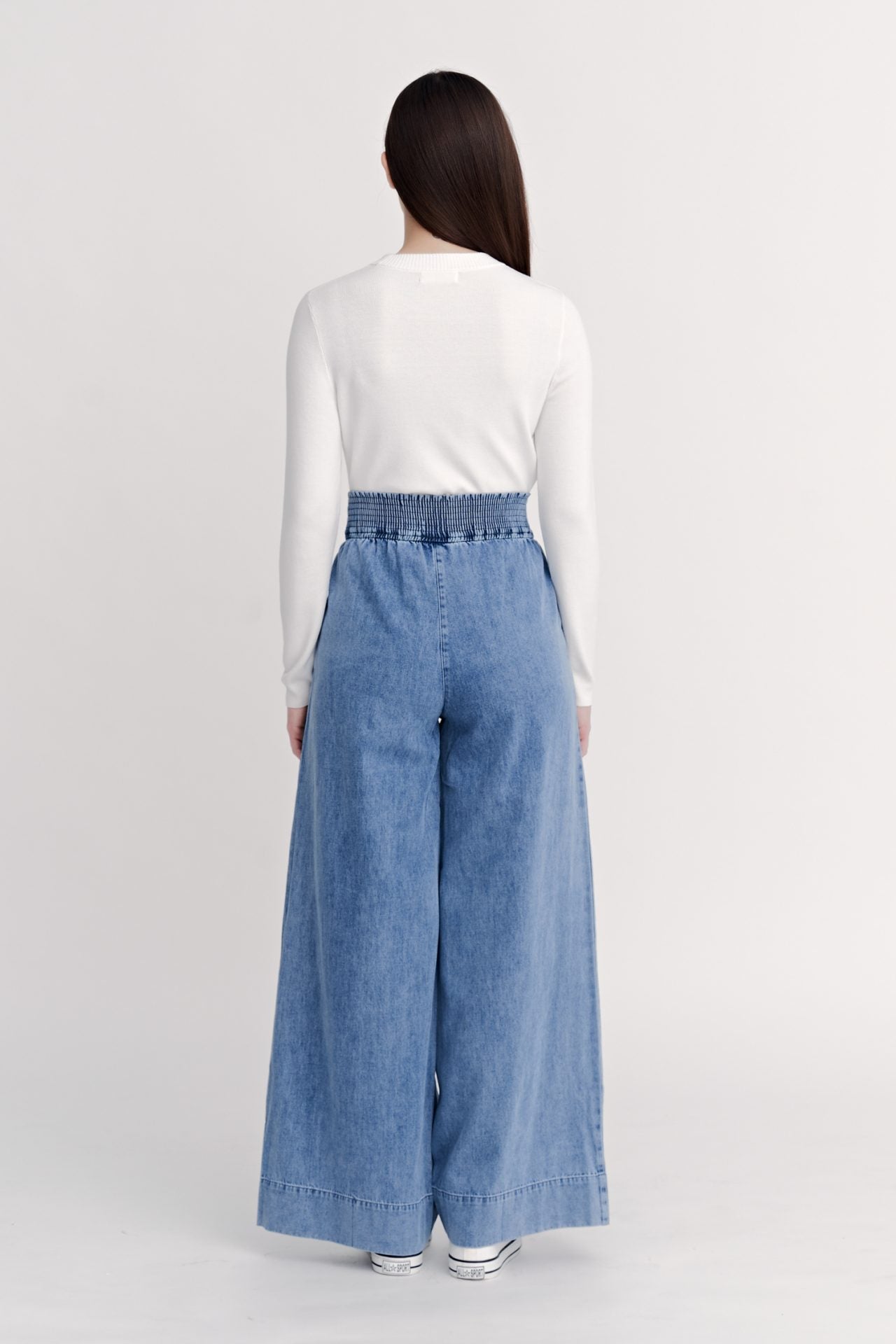 Knitted Ribbed Collar Long Sleeve Top - Cream