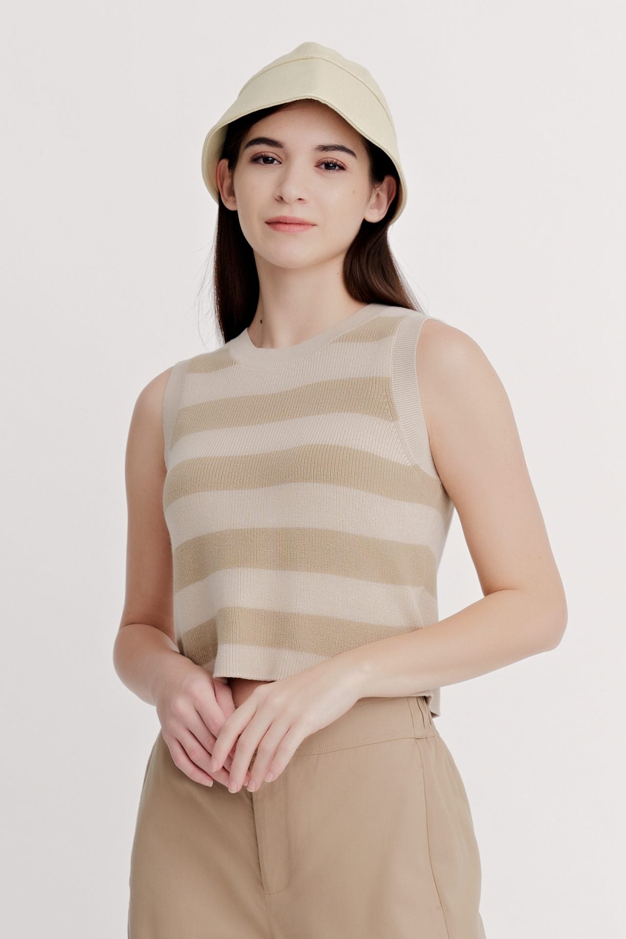 Knitted Striped Cropped Top - Khaki