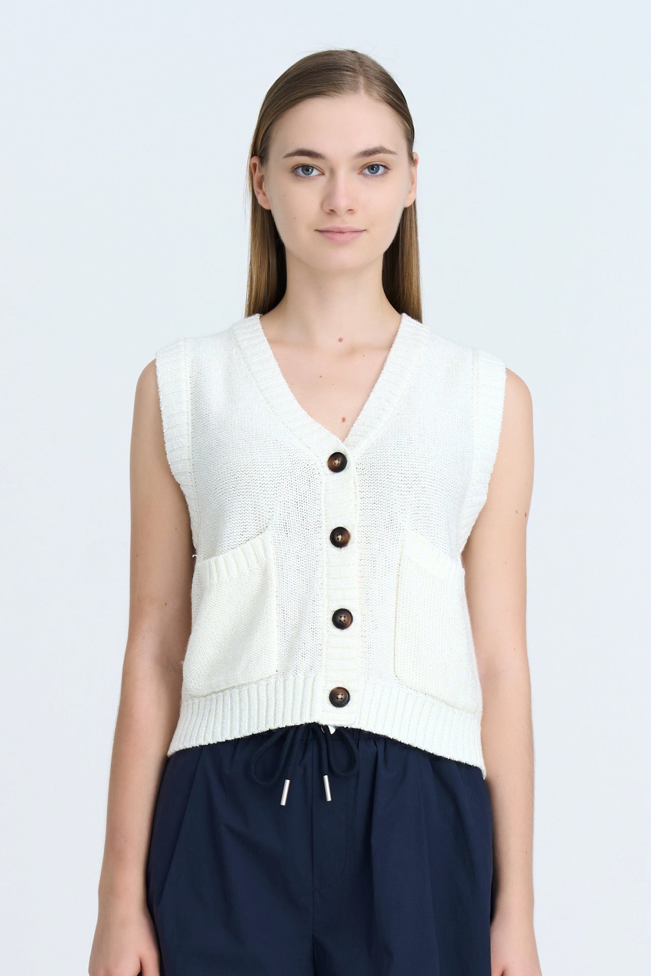 Knitted Patch Pocket Vest - Ecru