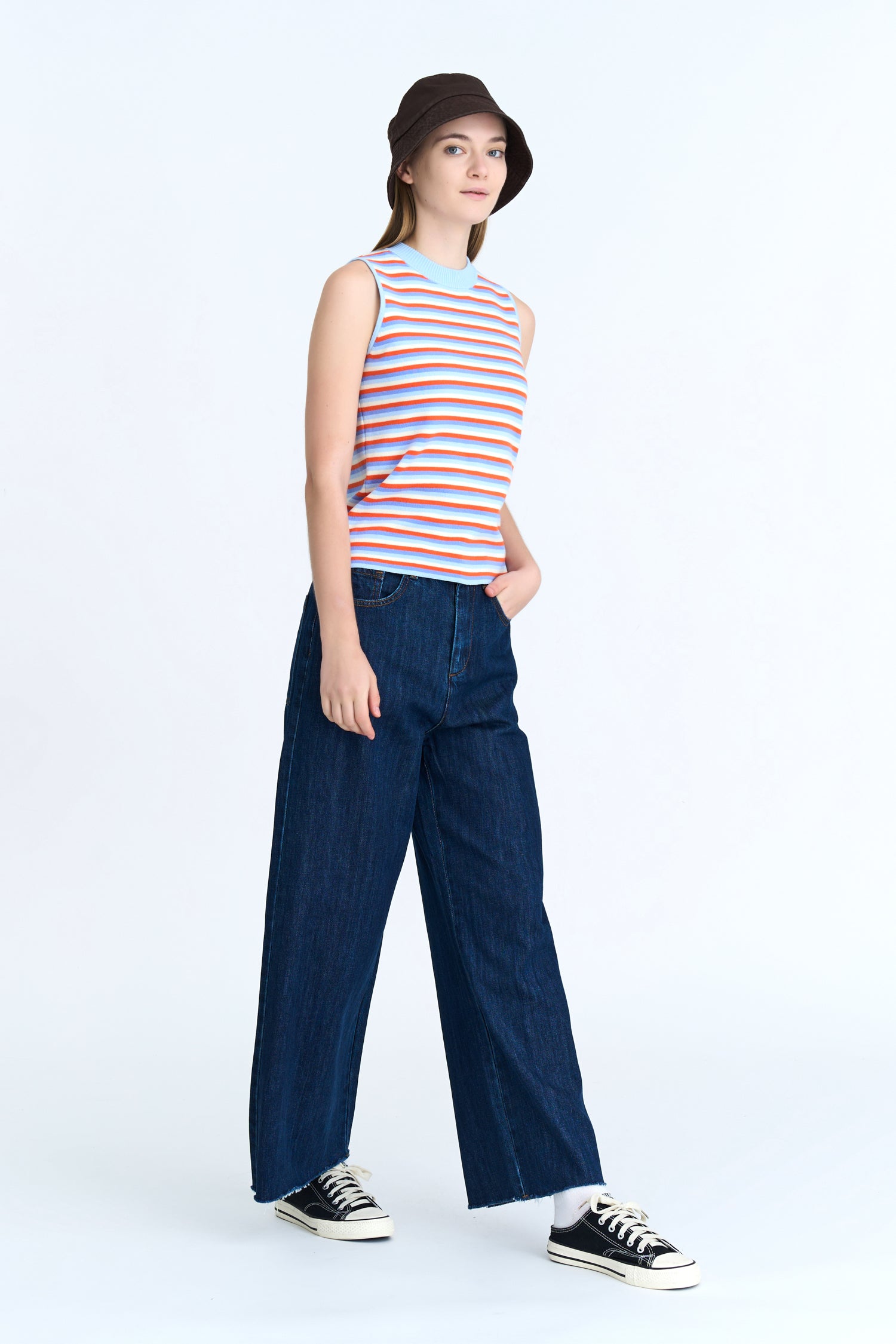 Knit Striped Regular Sleeveless Top - Periwinkle Stripes