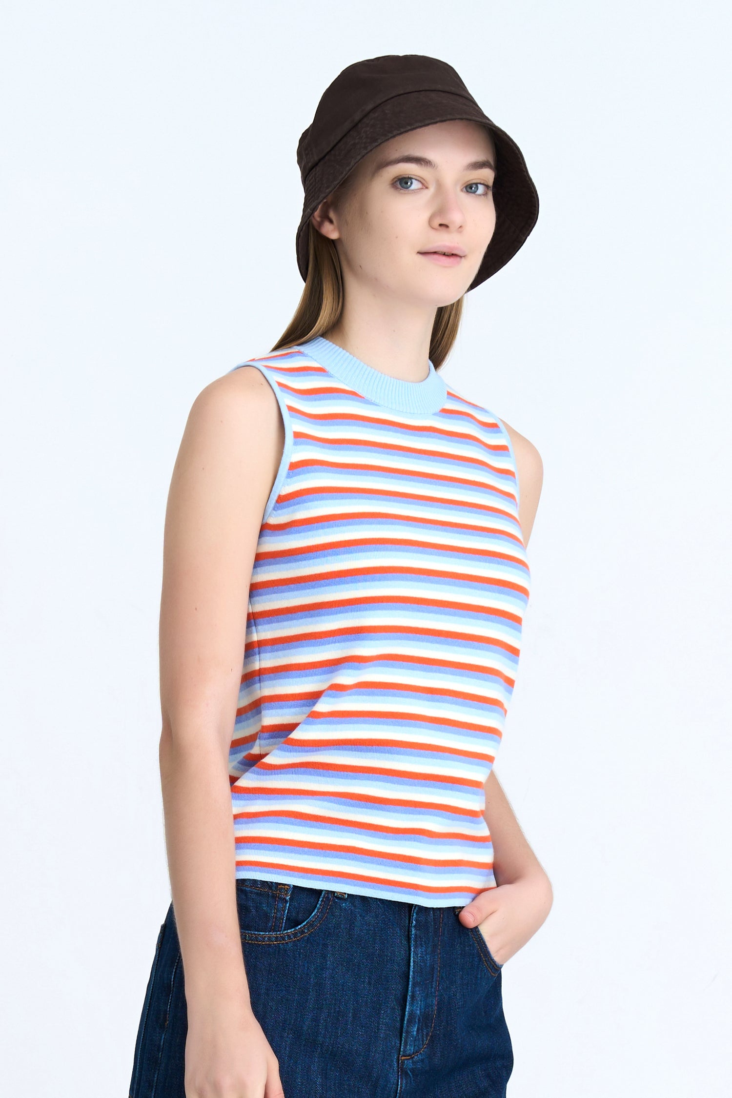 Knit Striped Regular Sleeveless Top - Periwinkle Stripes