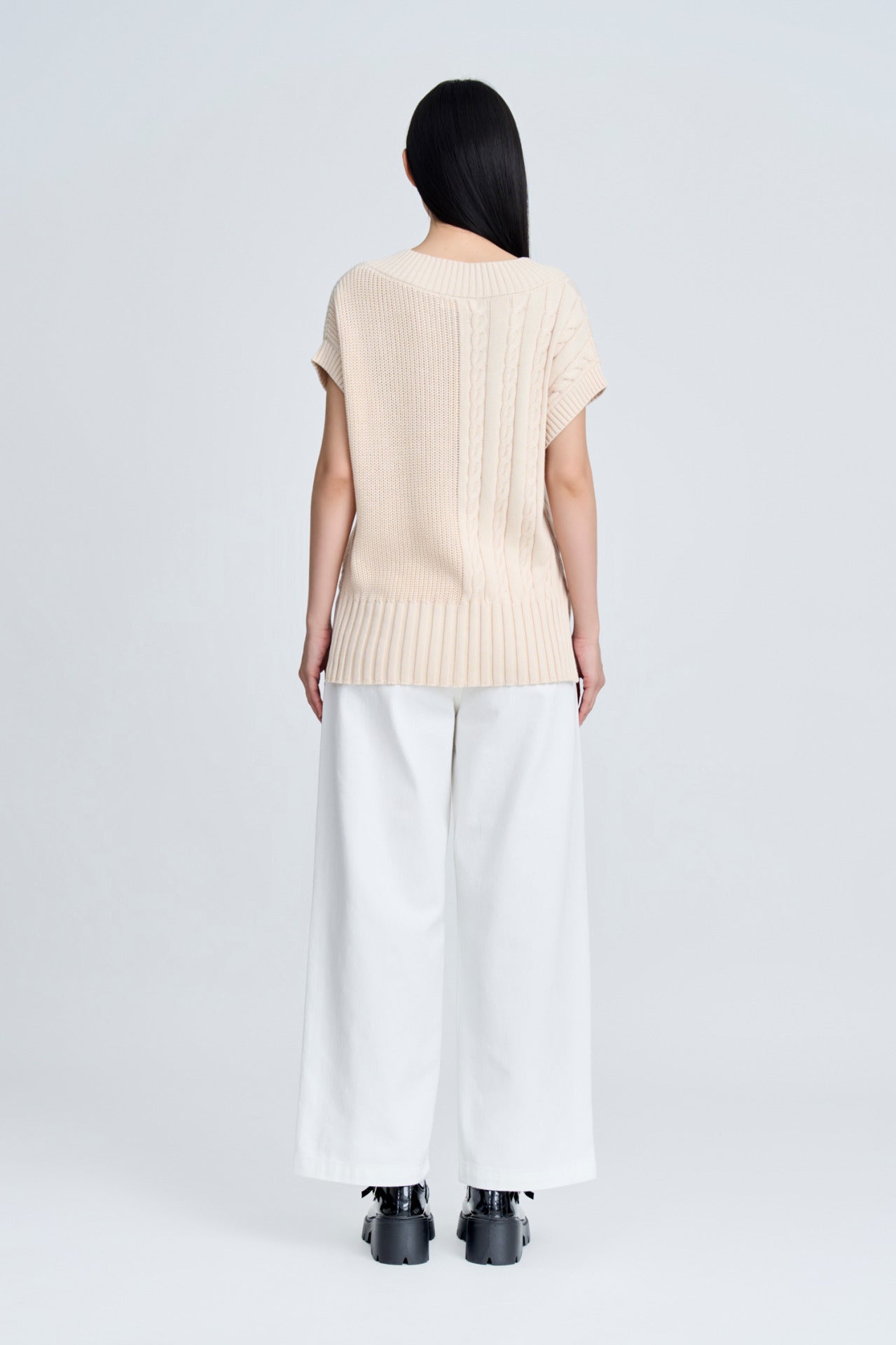 Asymmetric Cable Knit Sweater - Ecru