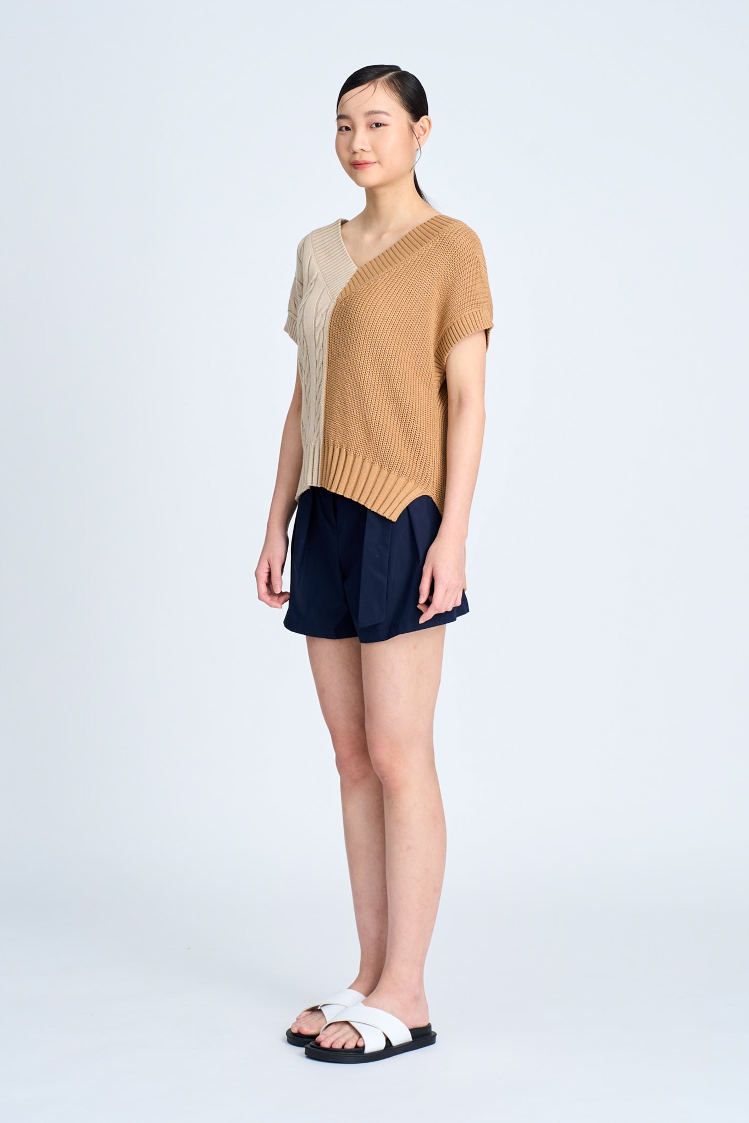 Asymmetric Cable Knit Sweater - Khaki