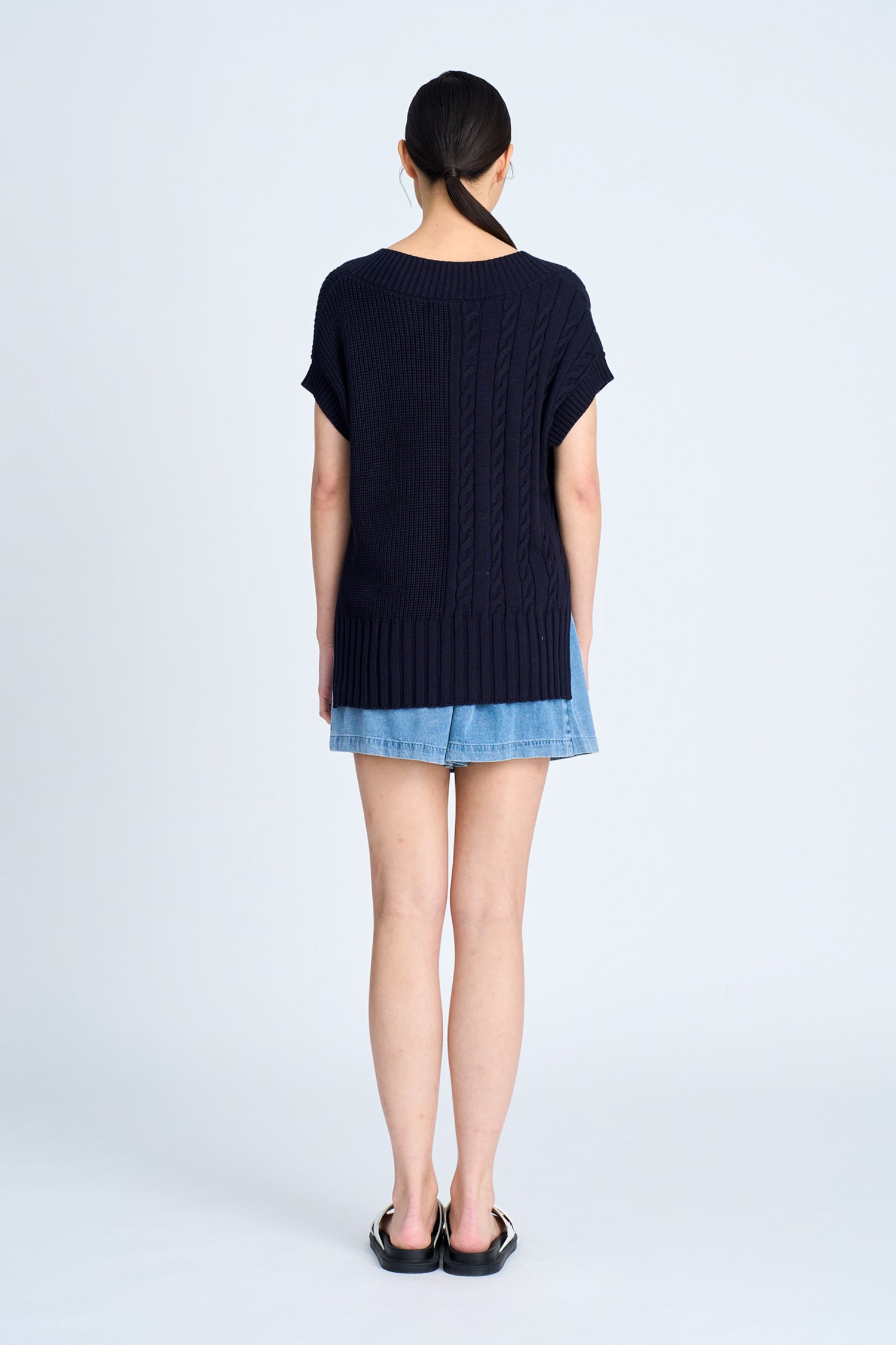 Asymmetric Cable Knit Sweater - Navy
