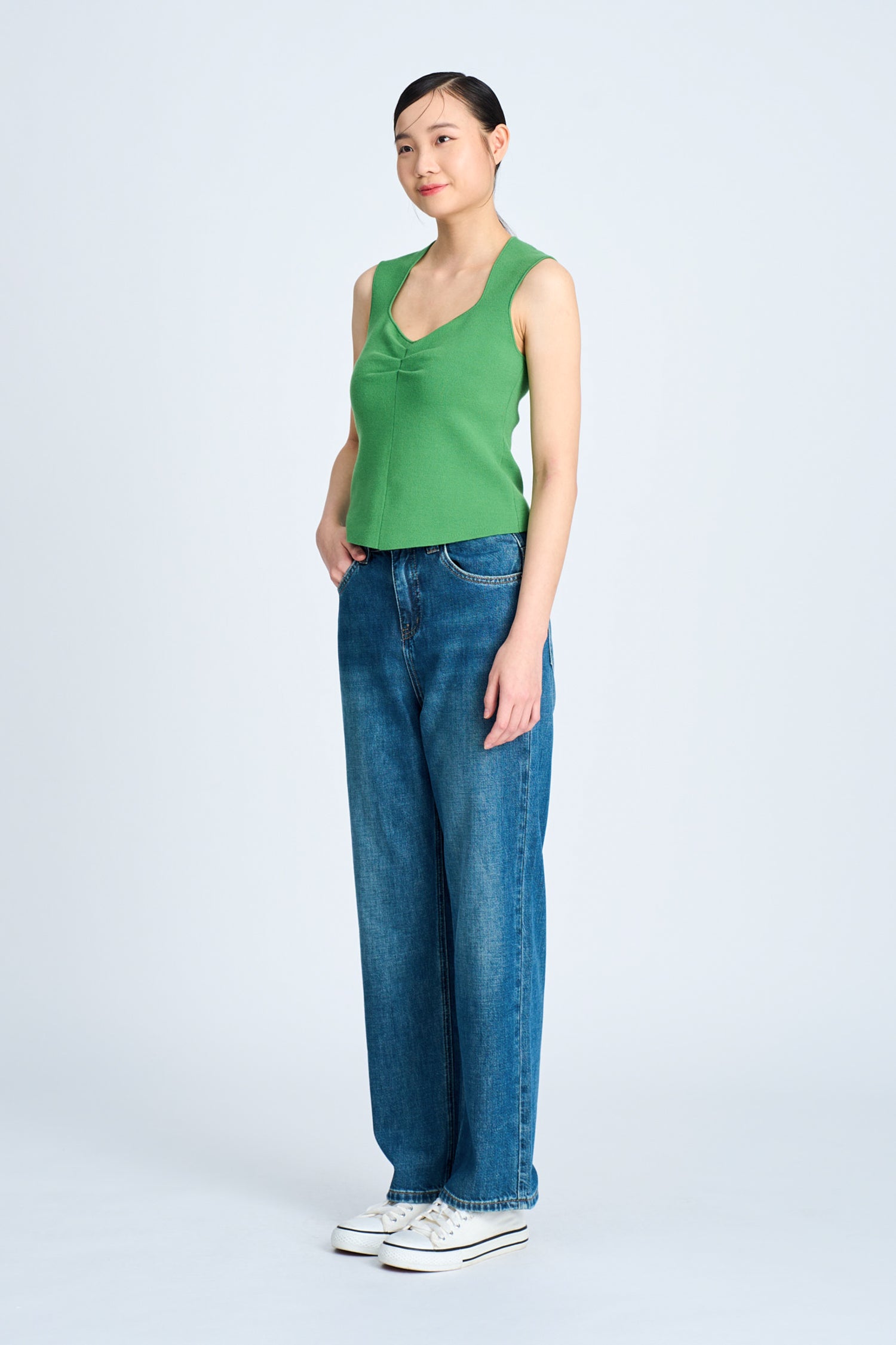 Knitted Front Ruche Top - Clover Green