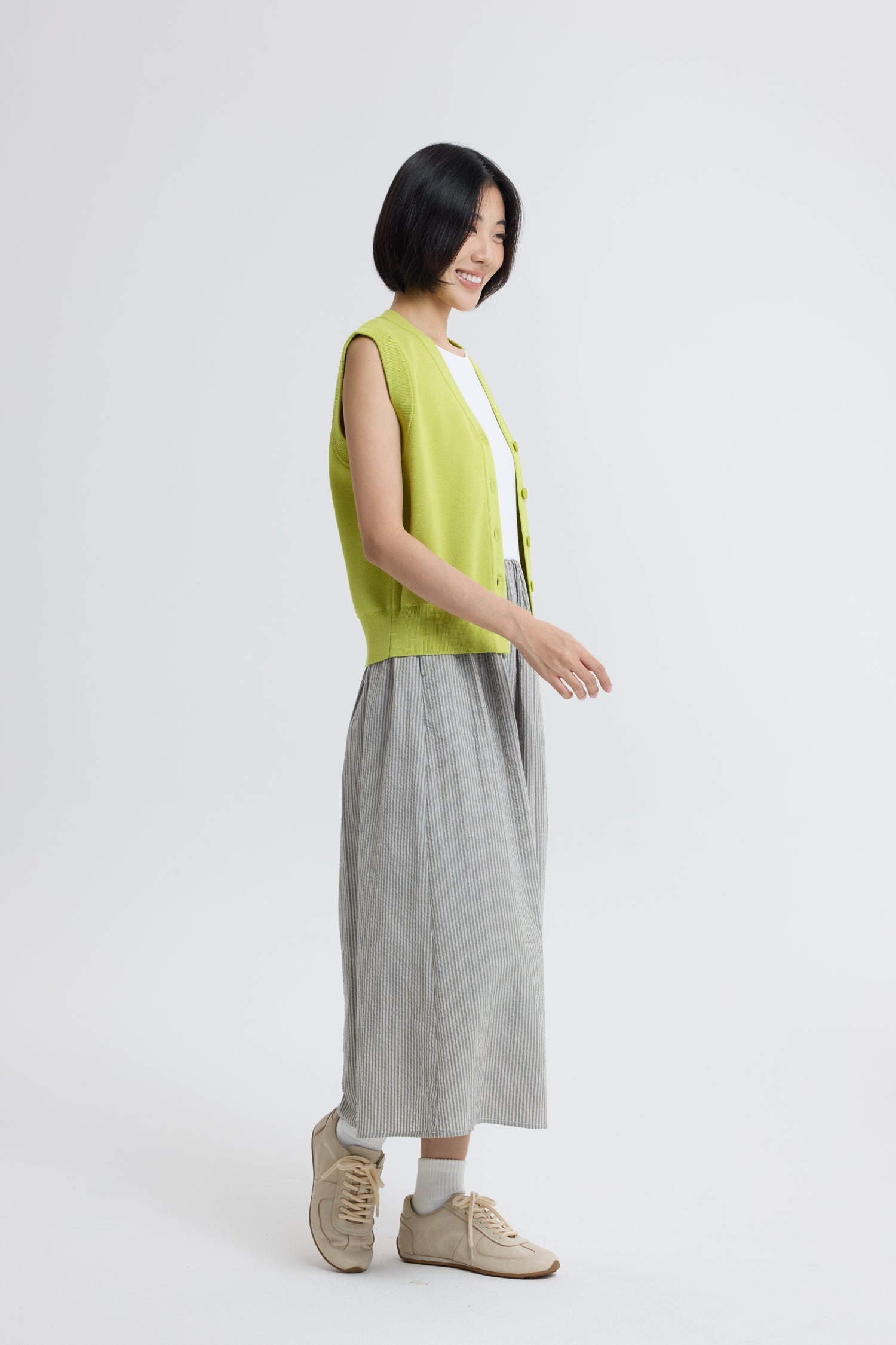 Knitted Button Down Vest - Chartreuse