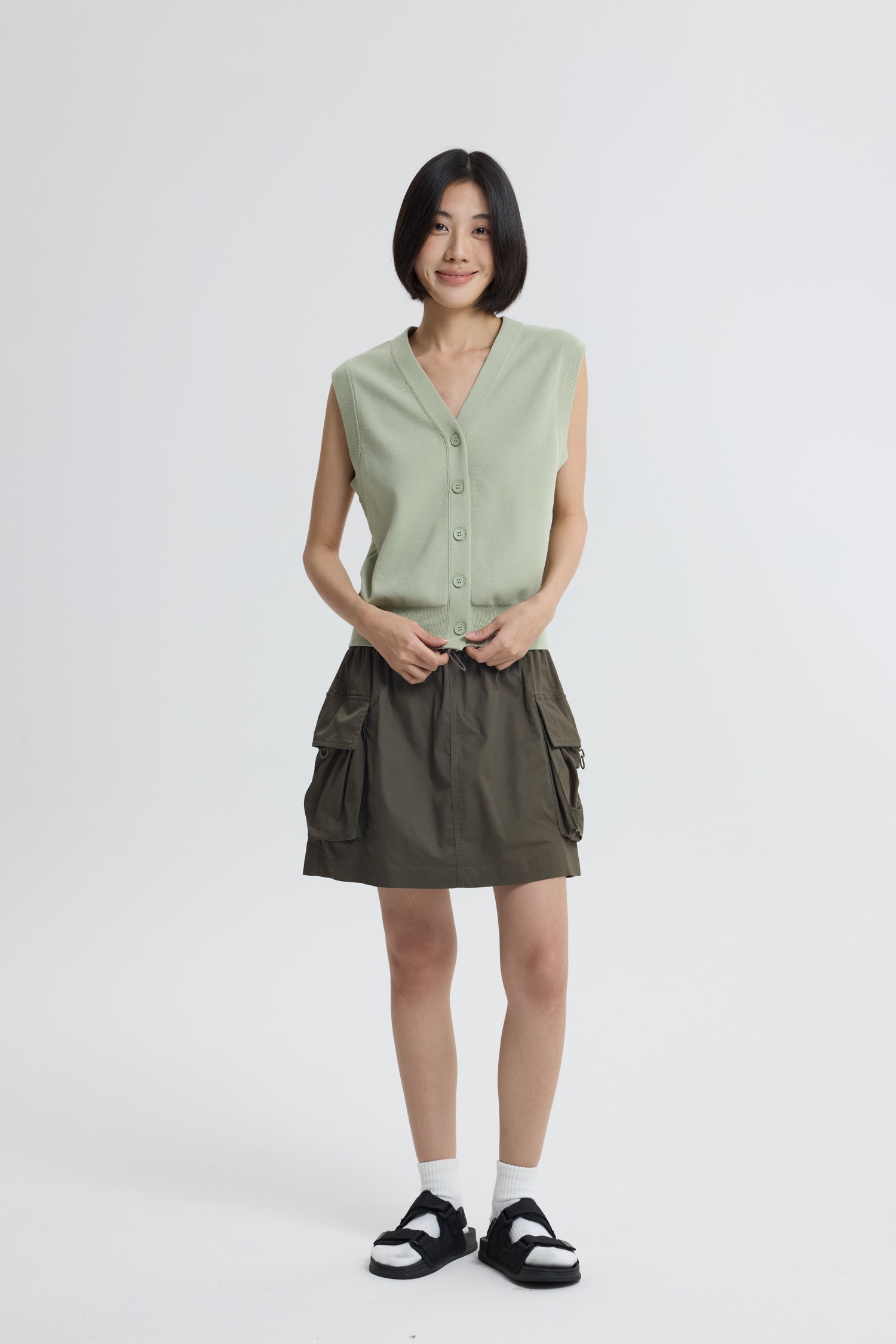 Knitted Button Down Vest - Sage