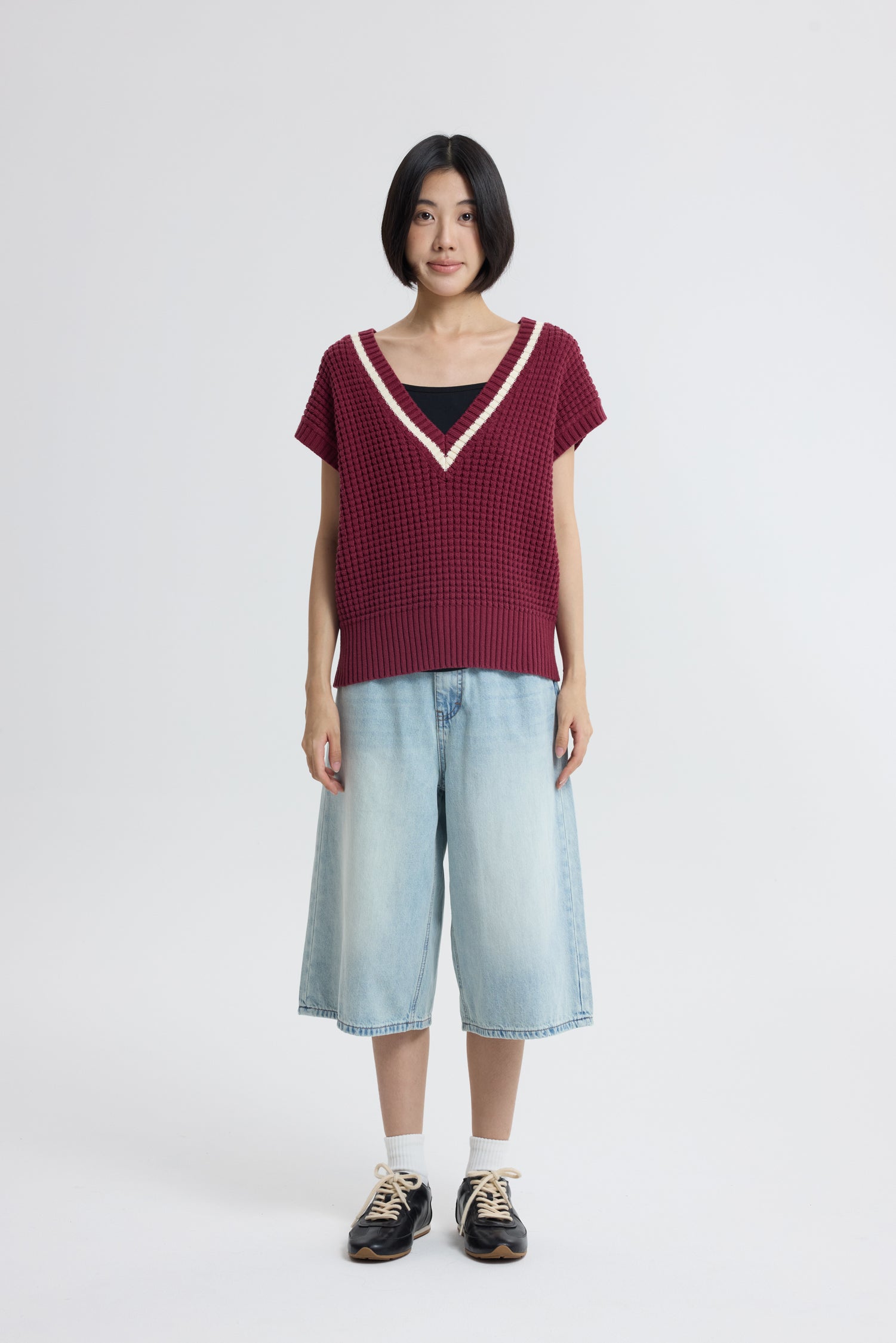 Knitted V-Neck Vest - Burgundy