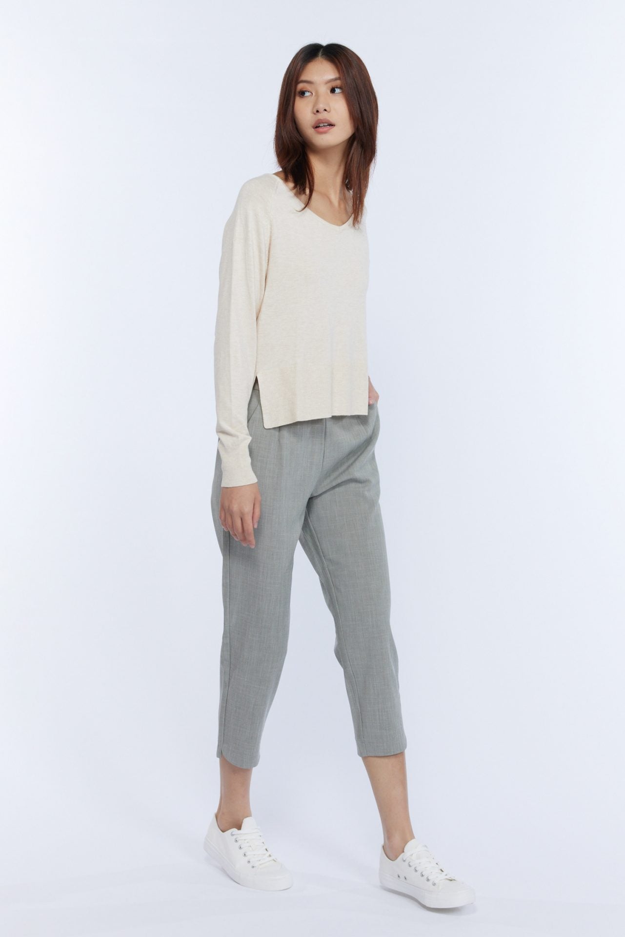 Pull-Up Slim Trousers - Melange Grey