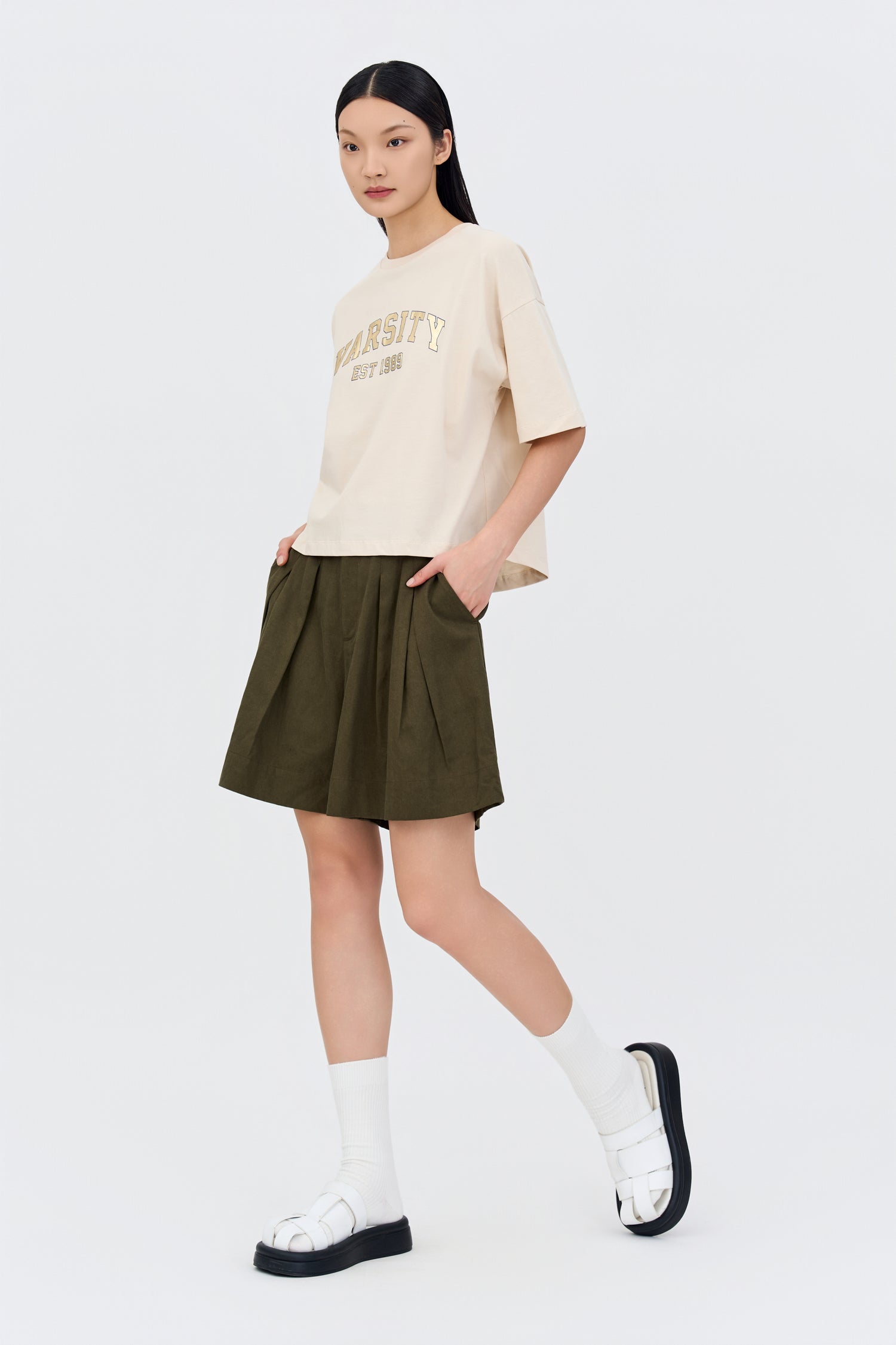 Double Pleated Shorts - Army Green