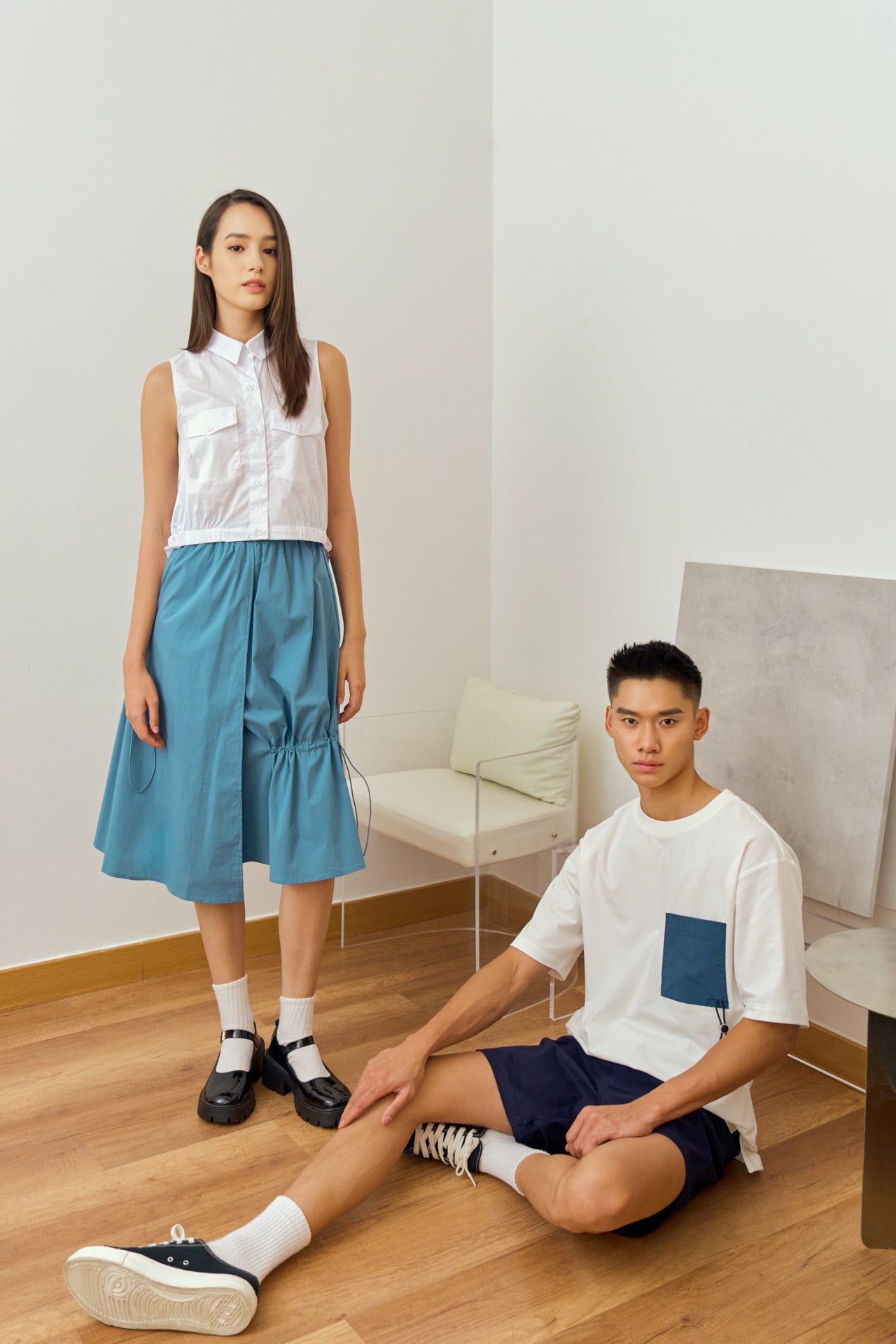 Asymmetric Drawstring Skirt - Denim Blue