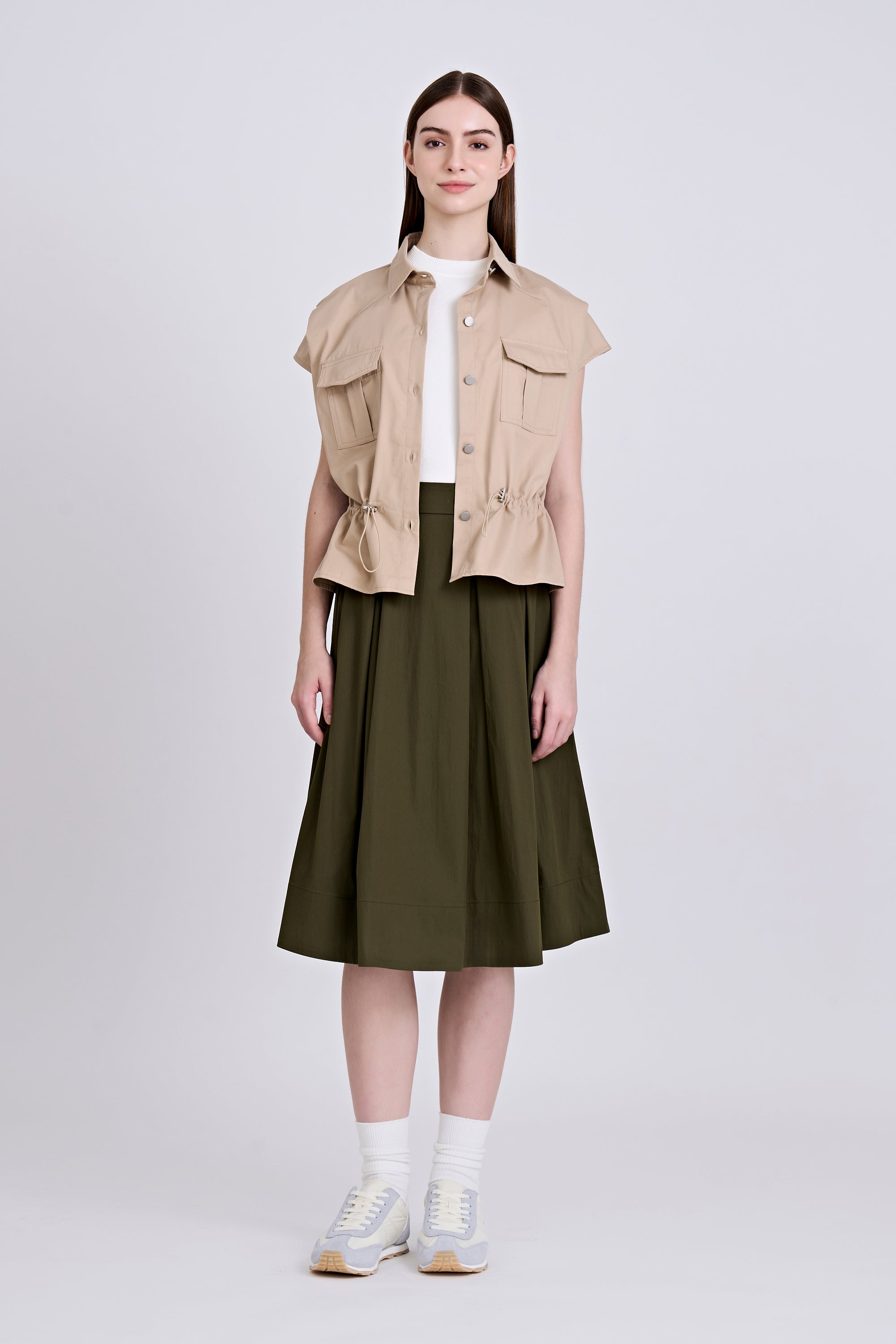 Pleated Flare Skirt - Army Green