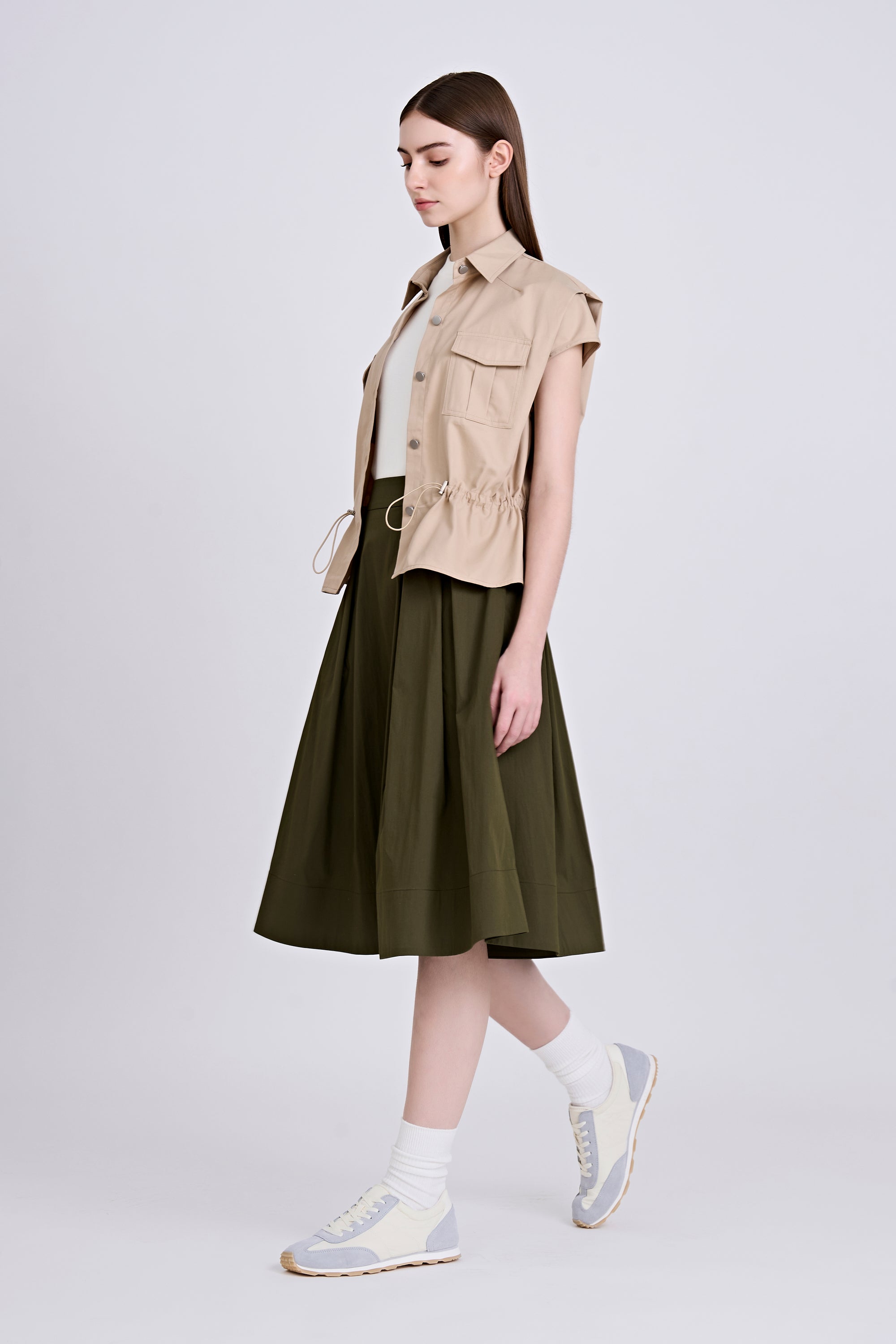 Pleated Flare Skirt - Army Green