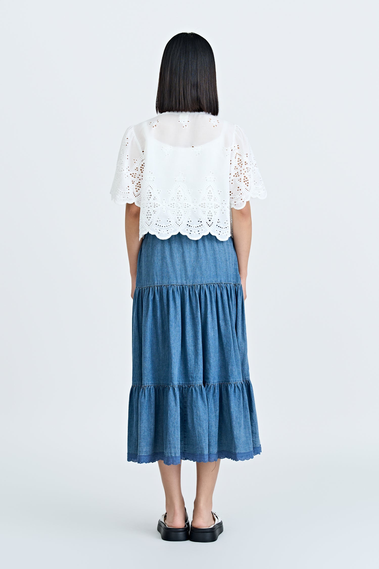 Lace Trim Tier Skirt - Denim
