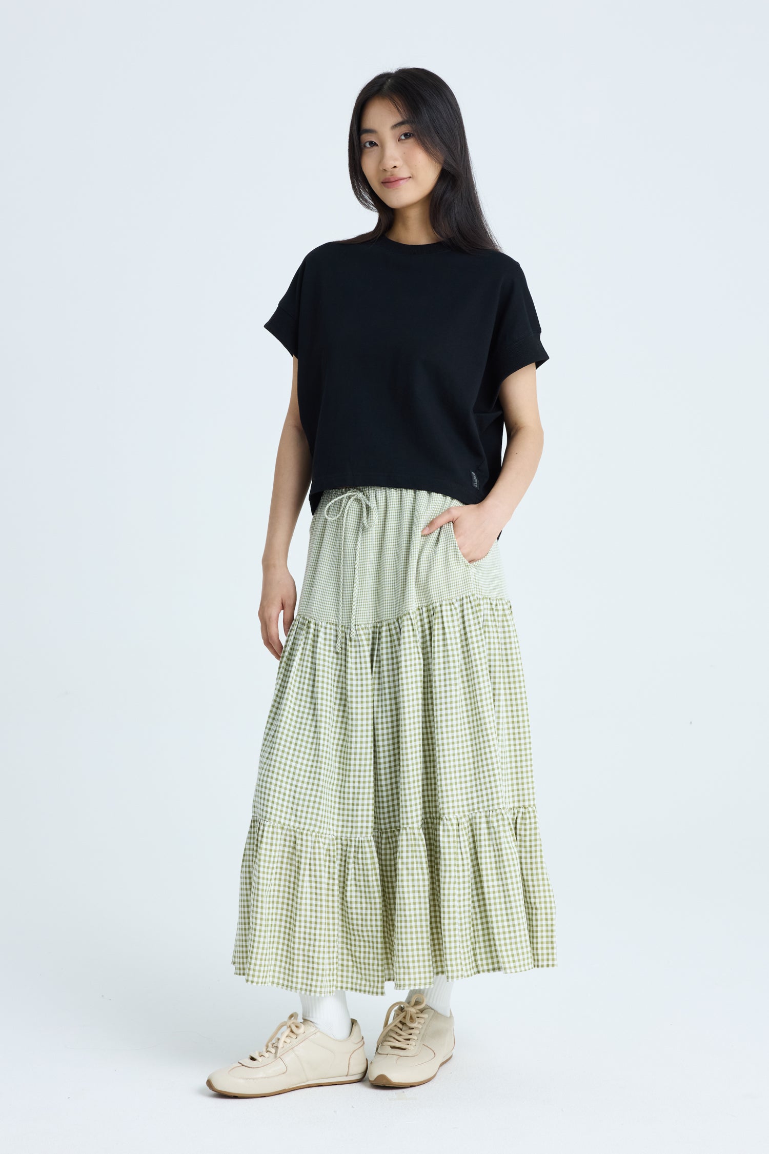 Checkered Tier Skirt - Checkered Olive