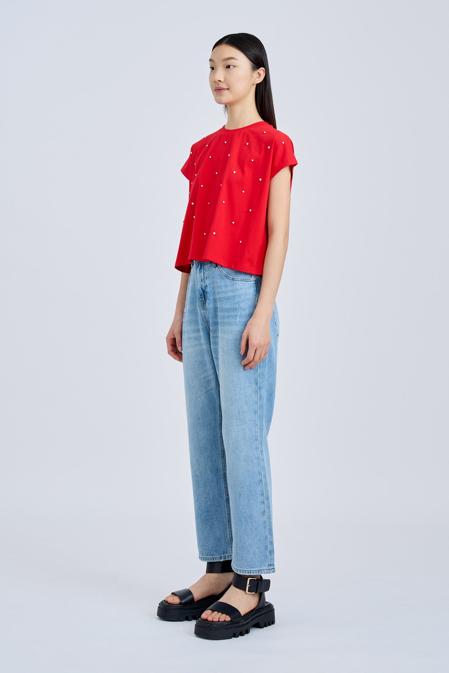 Rhinestone-Embellished Tee - Red