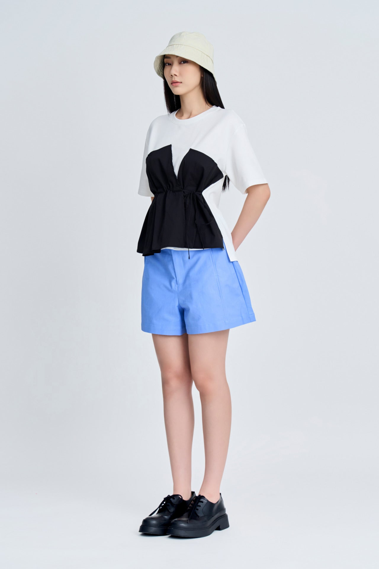 Asymmetric Mixed Fabric Top - Black