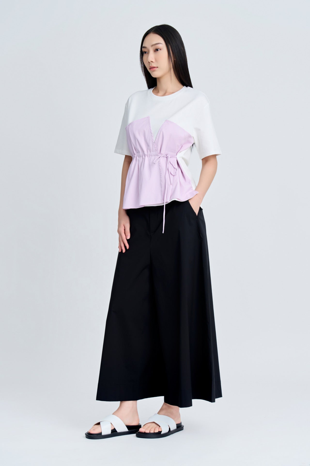 Asymmetric Mixed Fabric Top - Lilac
