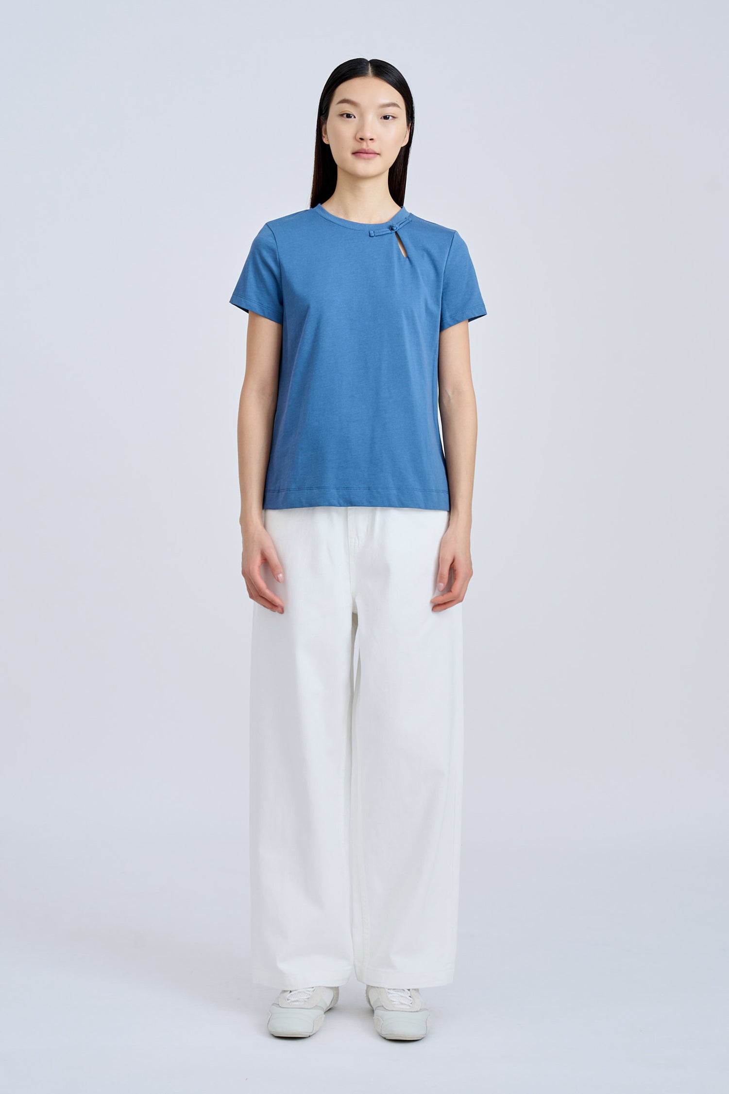 Mandarin Button Knot Tee - Denim Blue