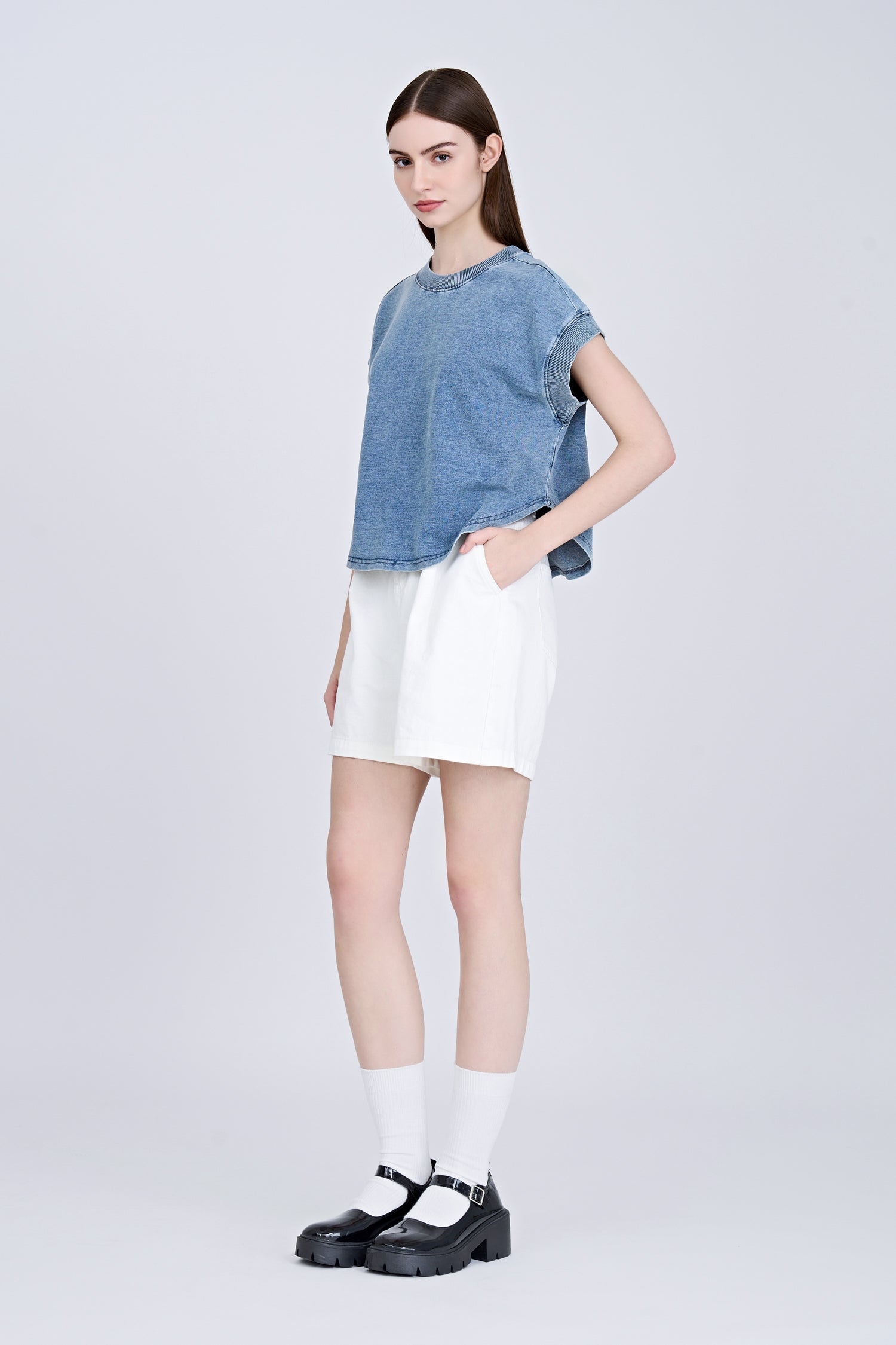 Denim Ribbed Collar Tee - Denim