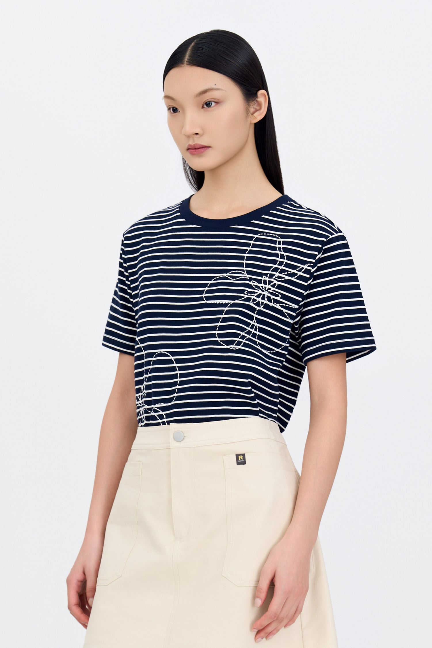 Floral Embroidery Tee - Stripes Navy
