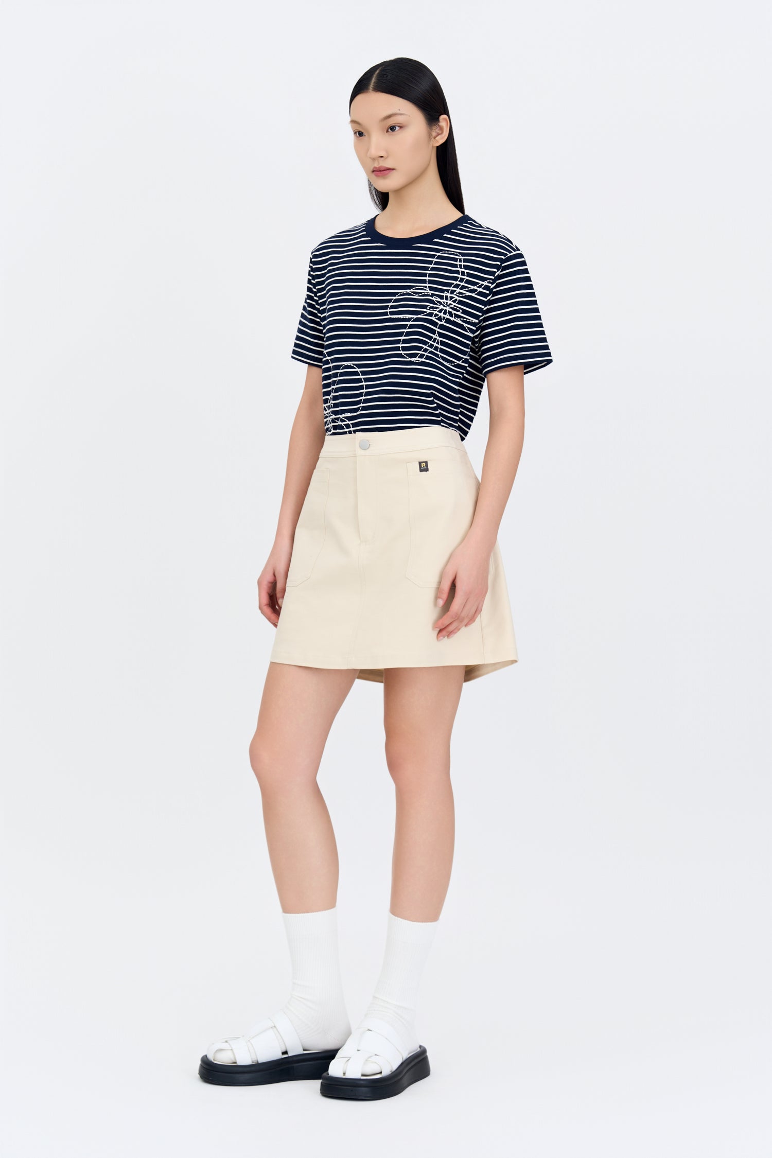 Floral Embroidery Tee - Stripes Navy