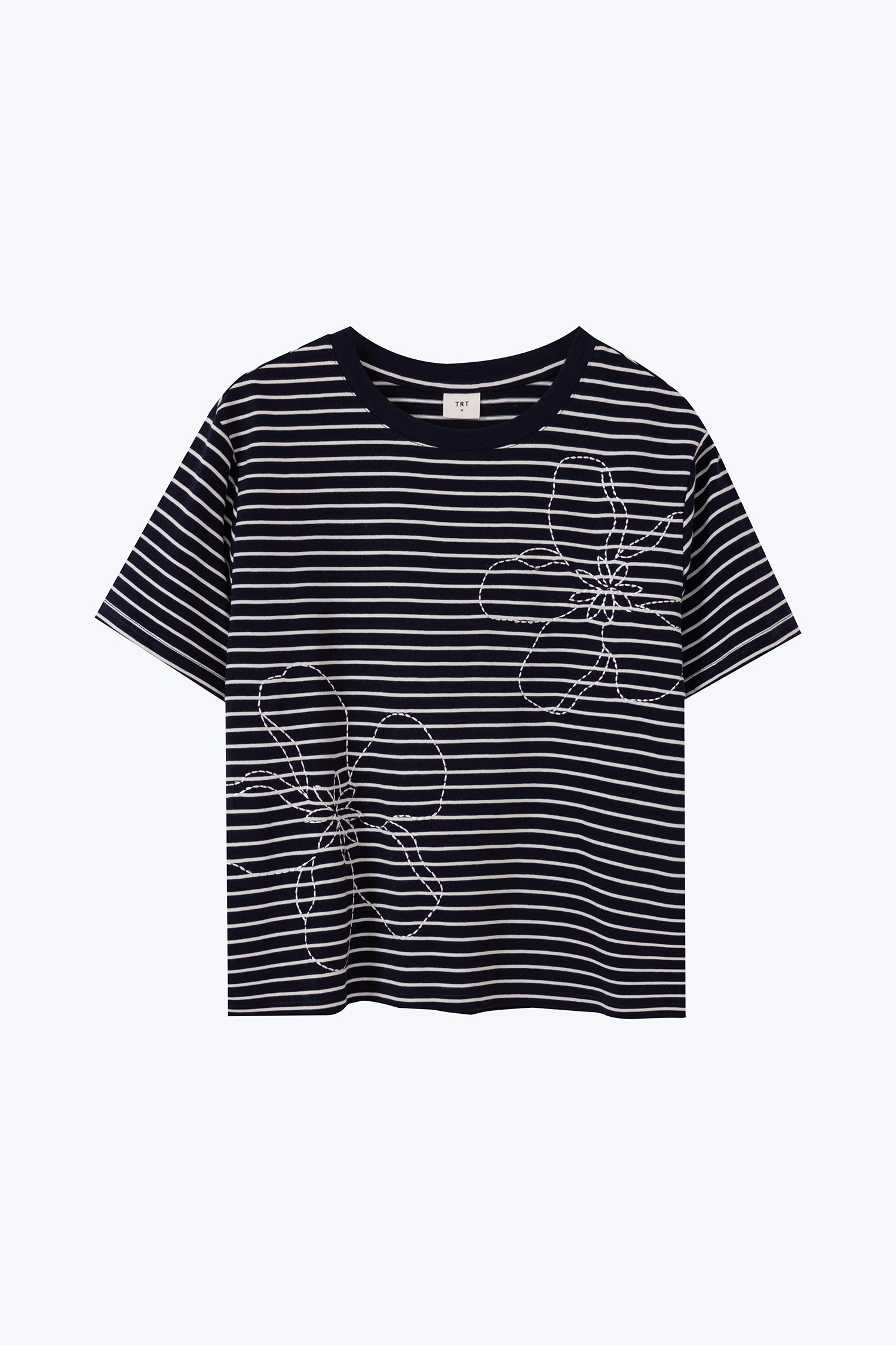 Floral Embroidery Tee - Stripes Navy