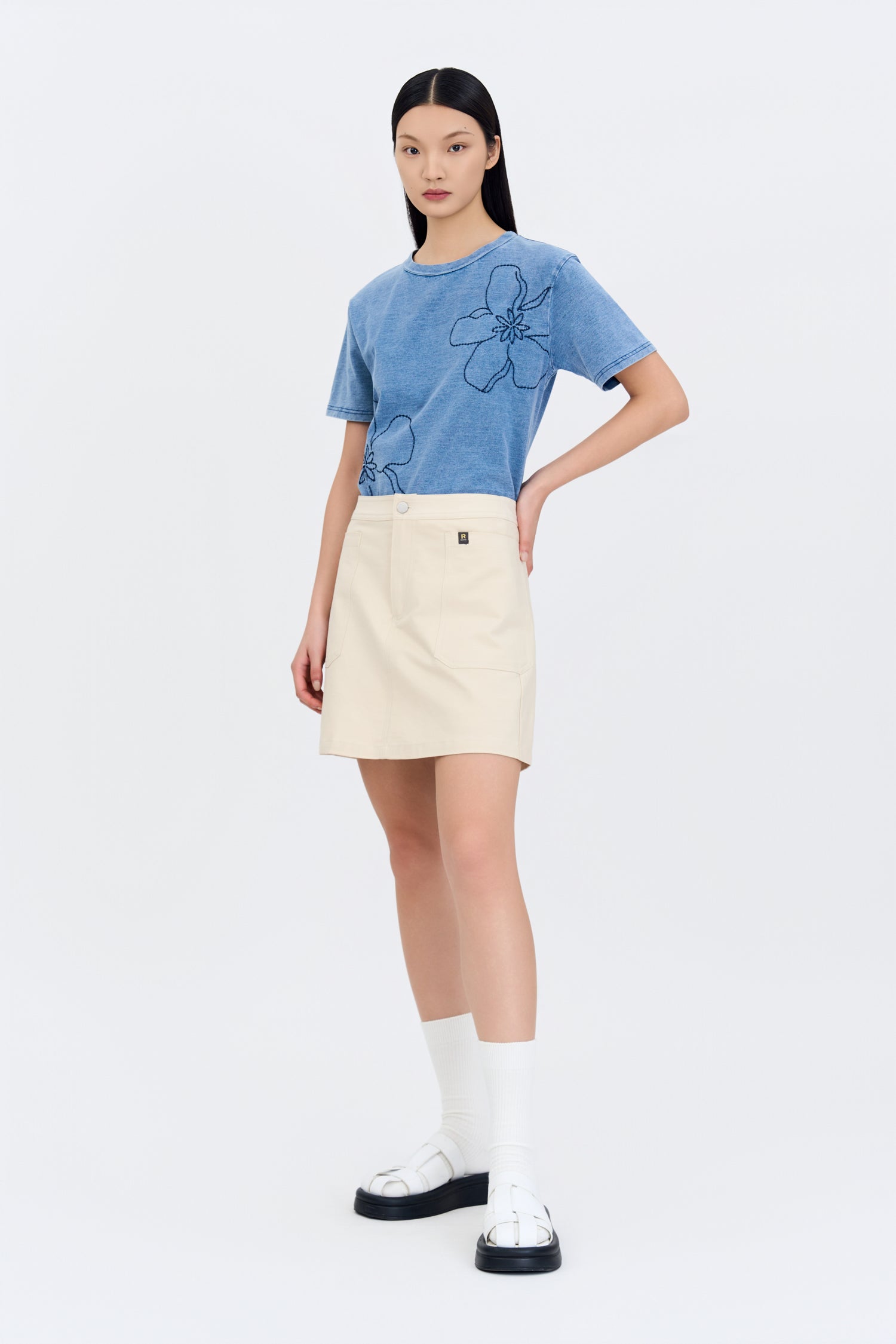 Floral Embroidery Tee - Denim