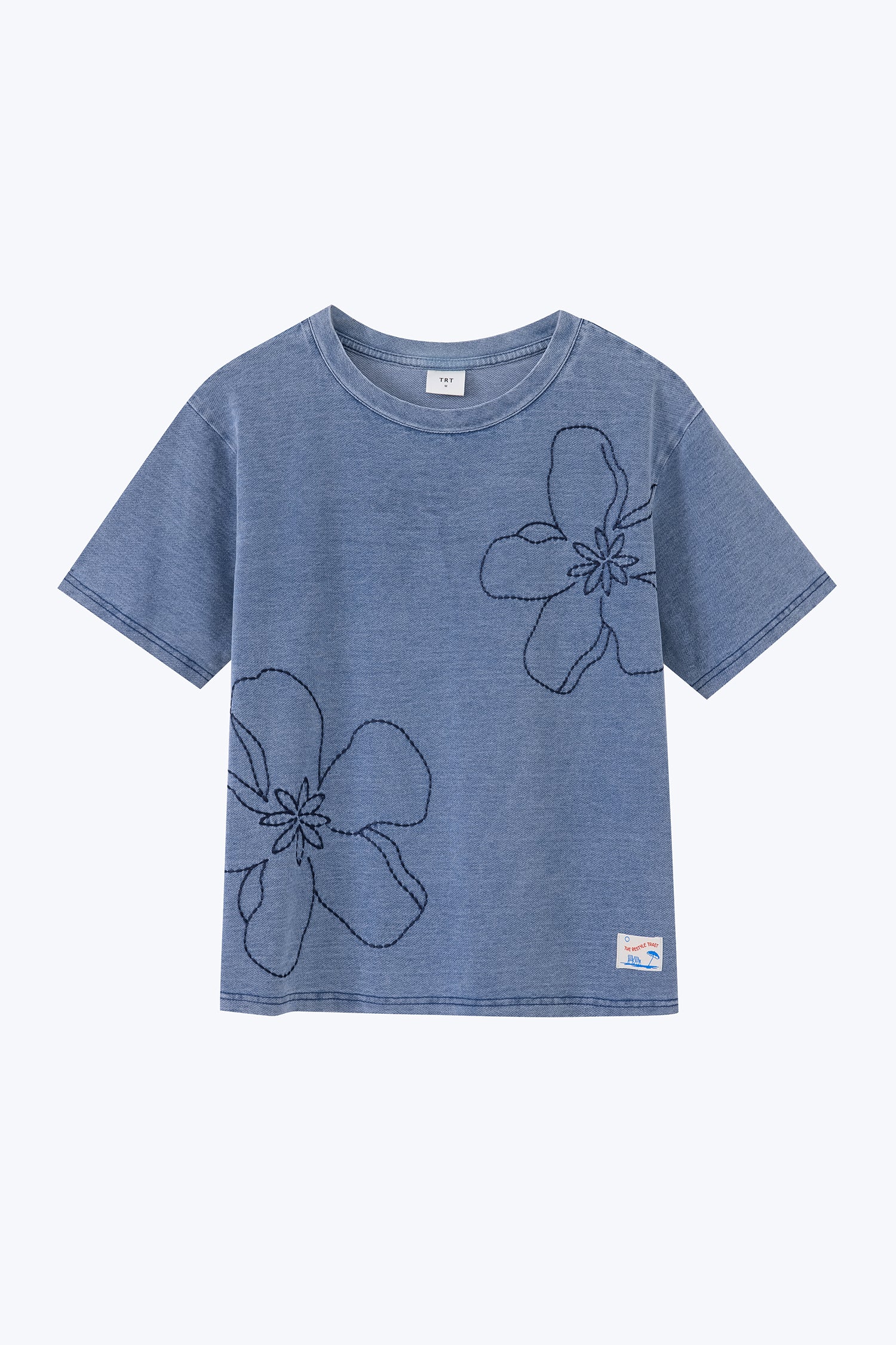 Floral Embroidery Tee - Denim