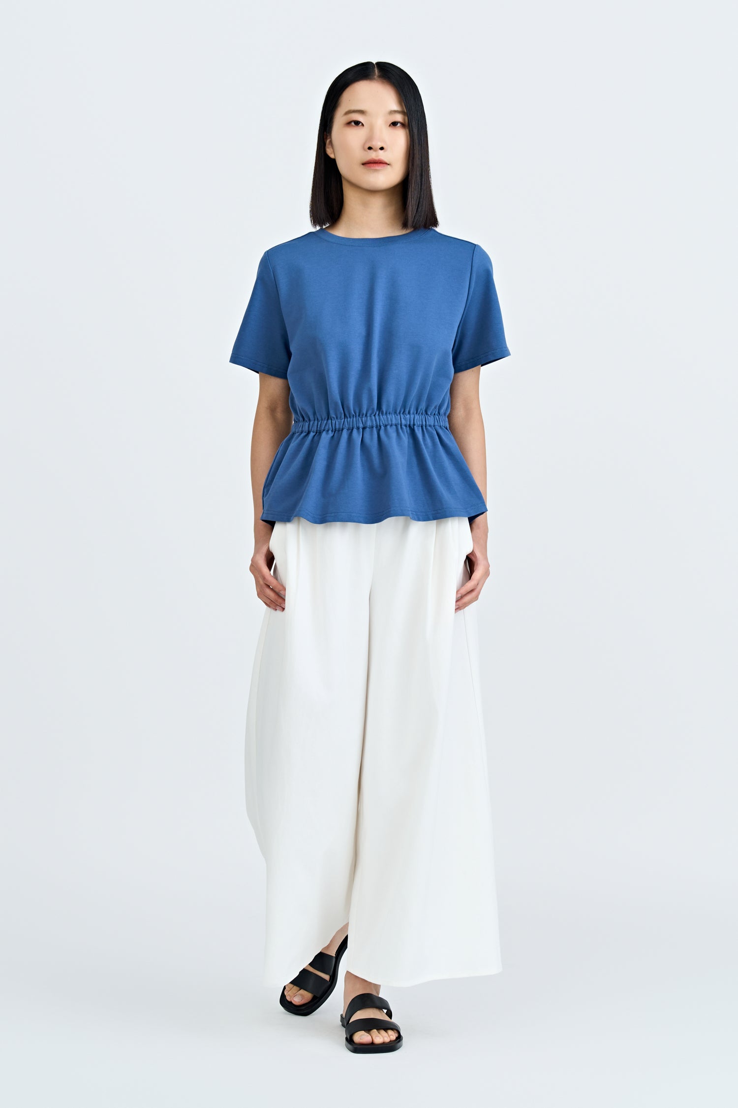 Overlap Draw Waist Tee - Denim Blue