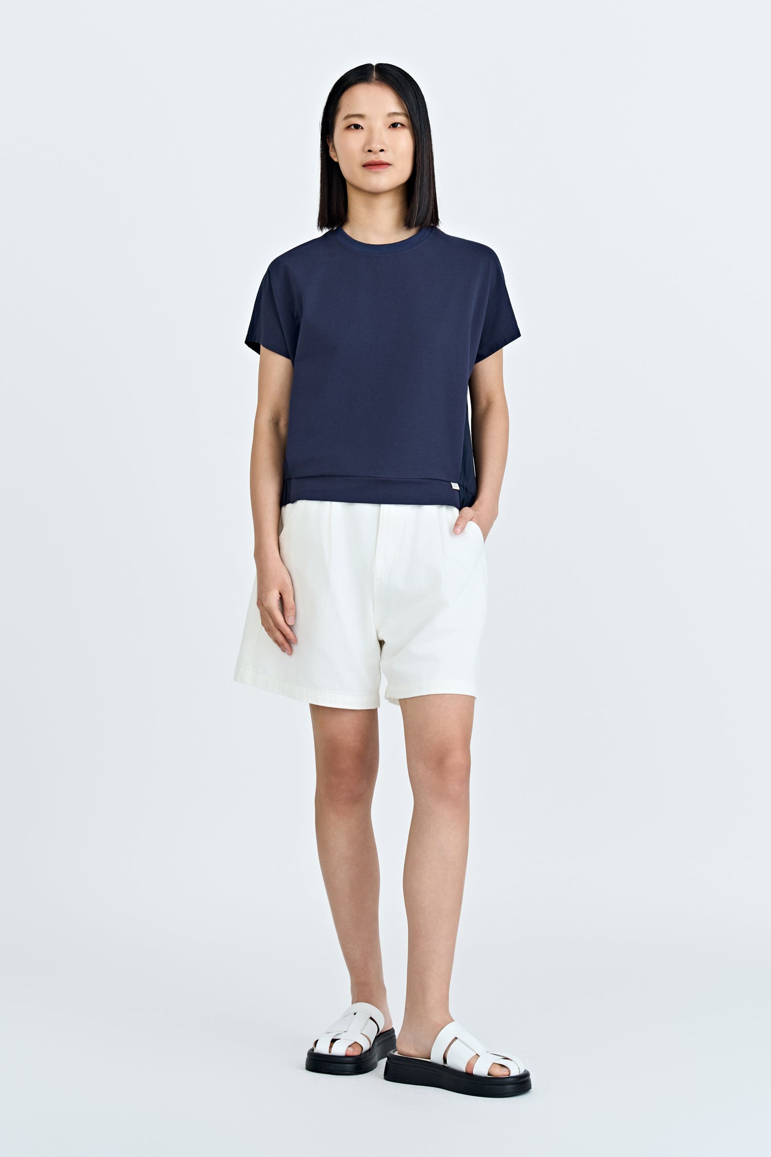Elasticised Hem Tee - Navy
