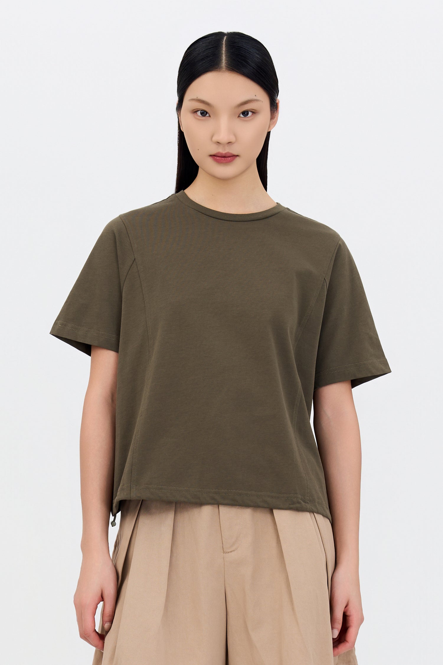 Drawcord Hem Tee - Khaki Green
