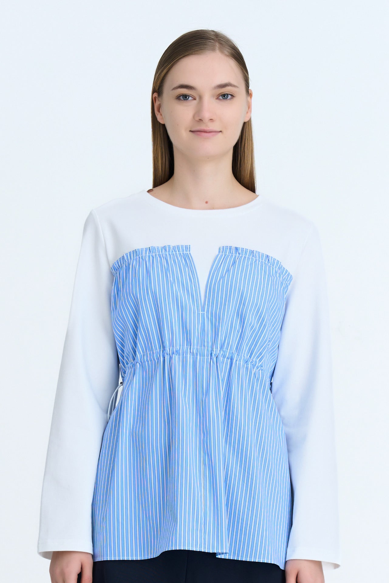 Striped Drawstring Long Sleeve Blouse