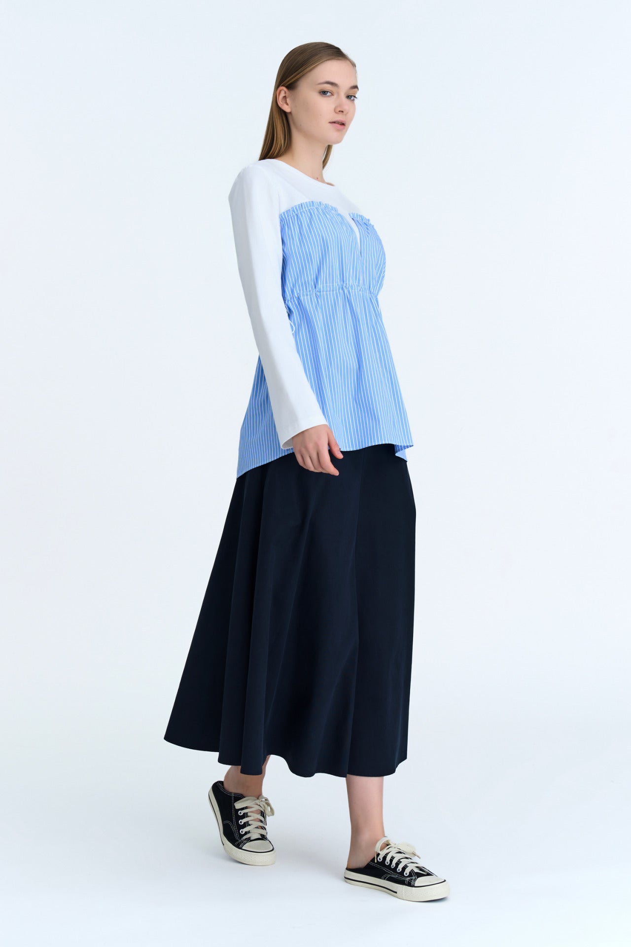 Striped Drawstring Long Sleeve Blouse