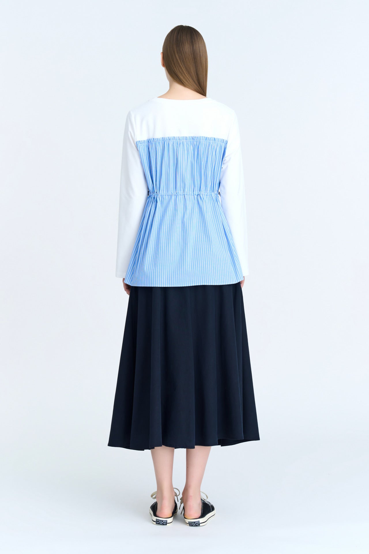 Striped Drawstring Long Sleeve Blouse