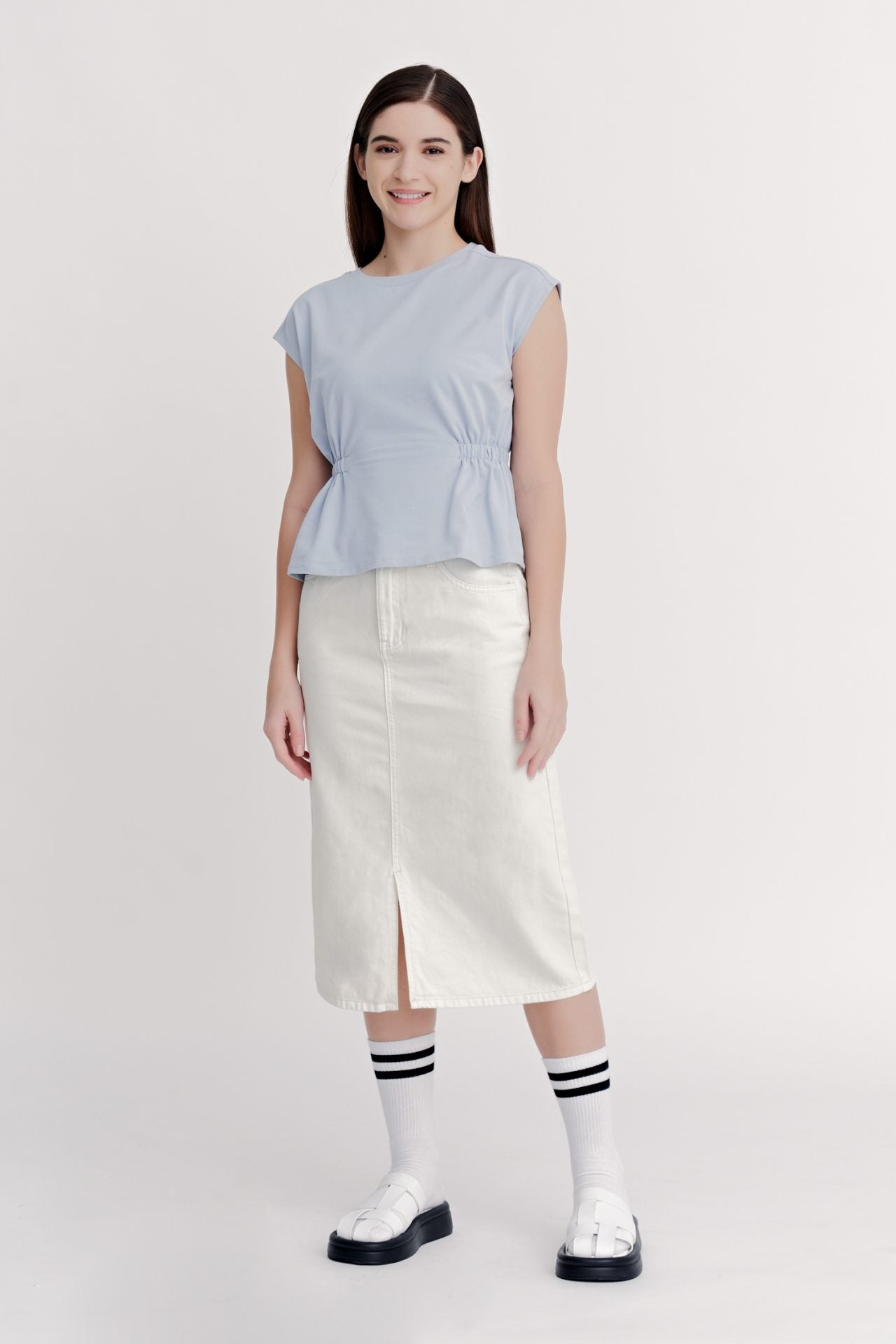 Cotton Draw Waist Tee - Dusty Blue