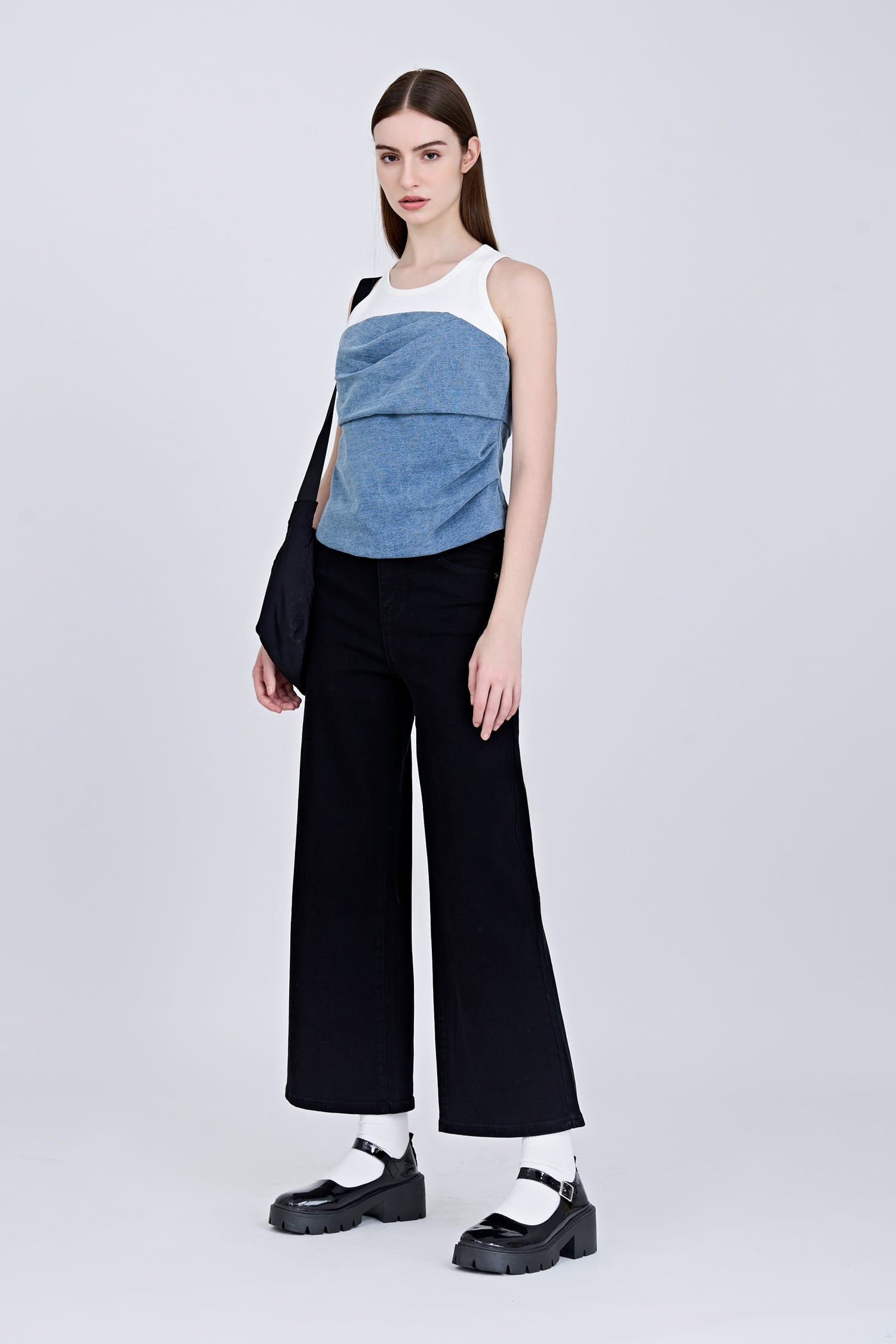 Denim Mock Two-Piece Top - Denim