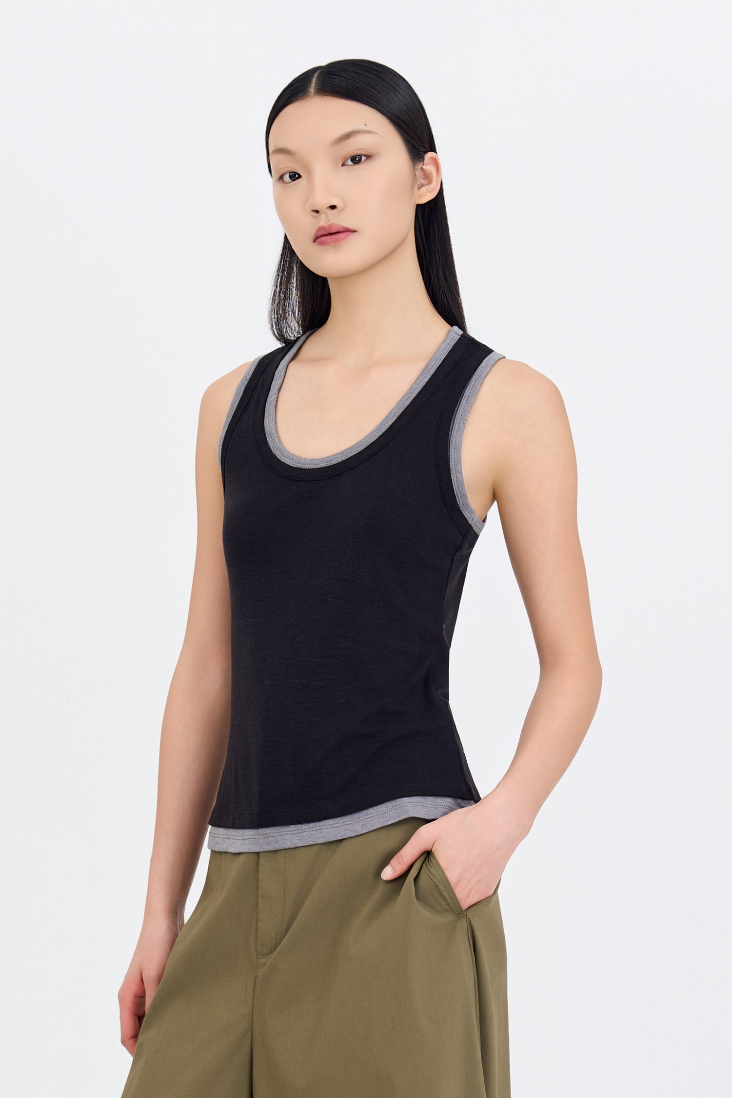 Double Collar Sleeveless Tee - Black