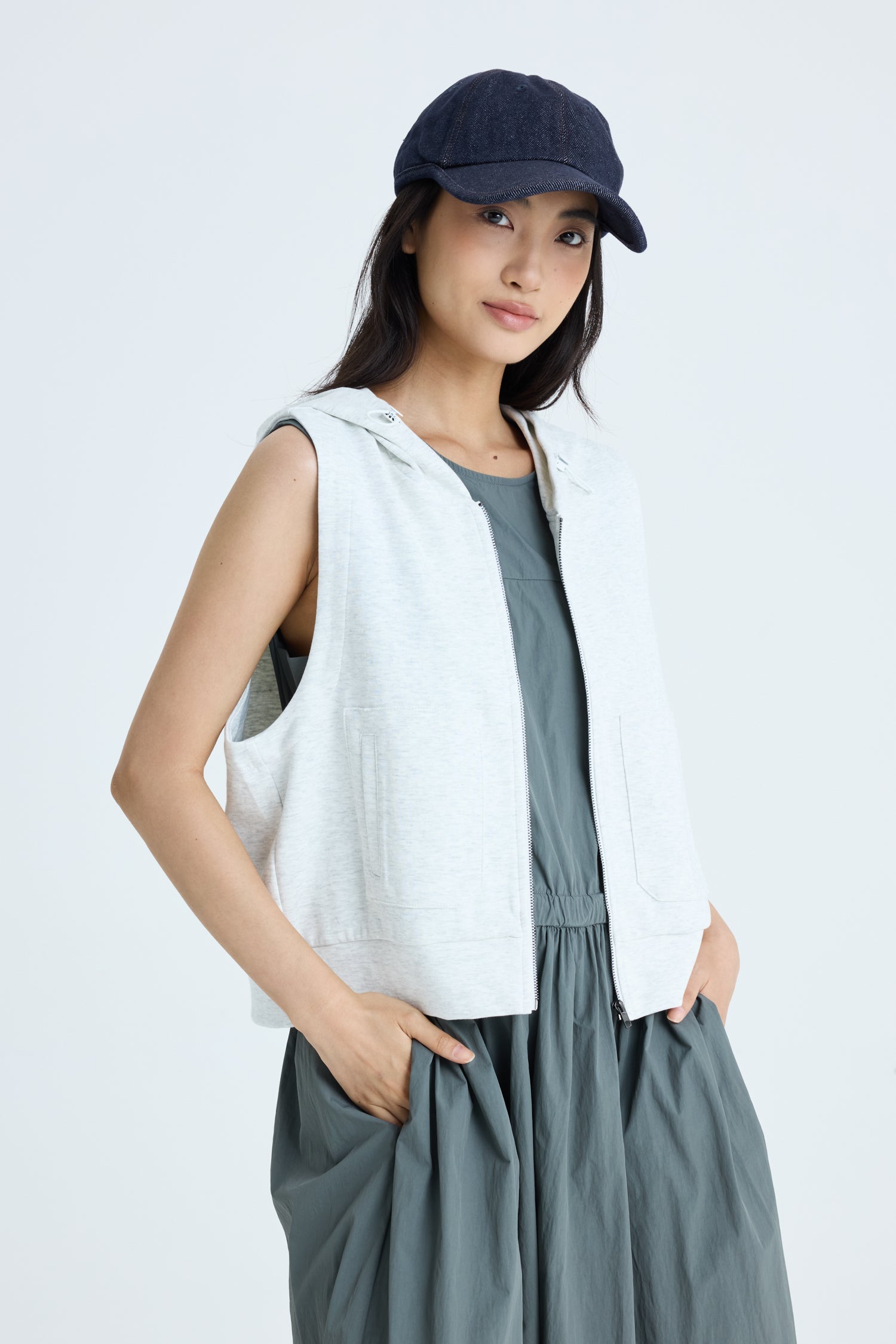 Patch Pocket Hoodie Vest - Light Grey
