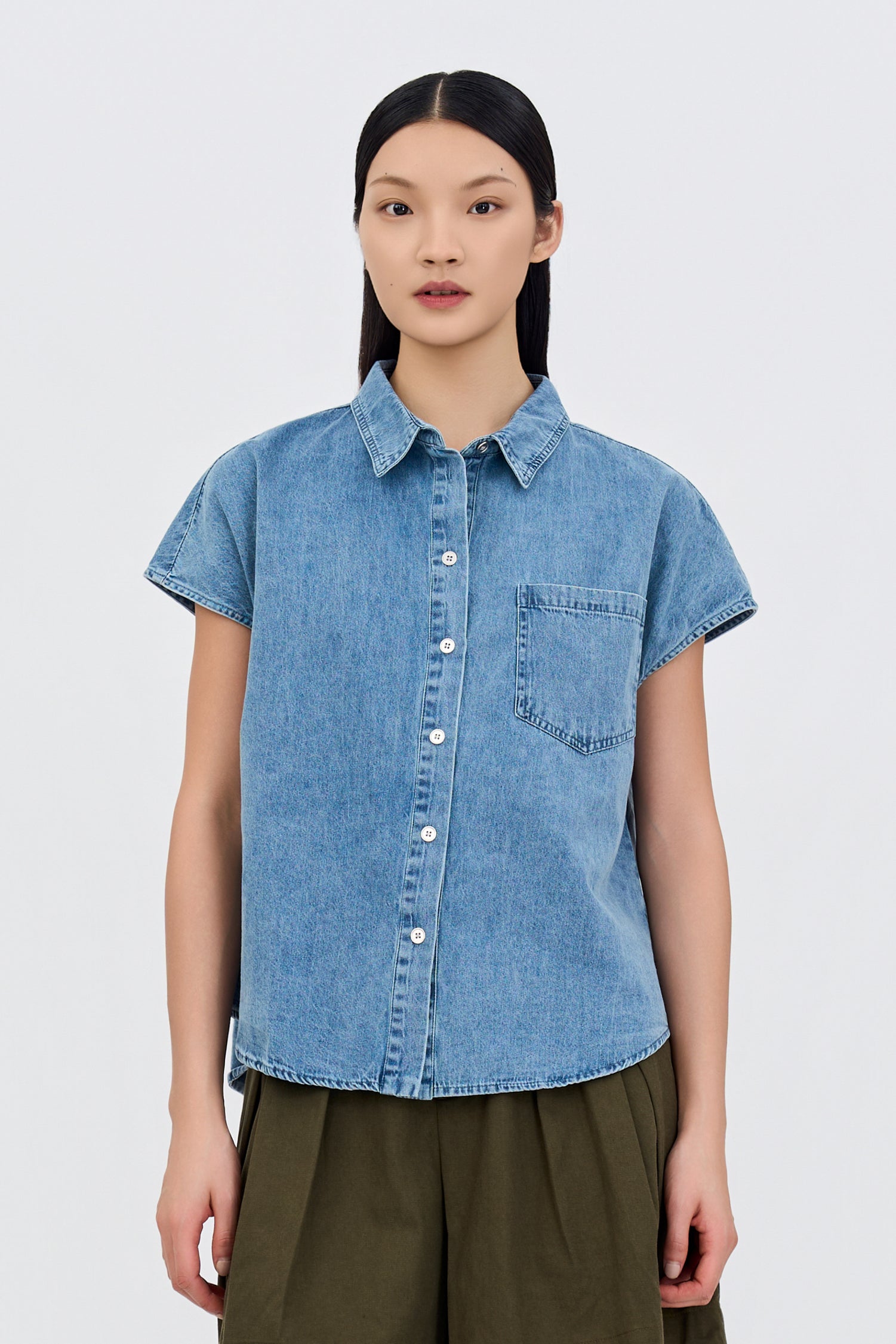 Denim Cap Sleeve Blouse - Denim