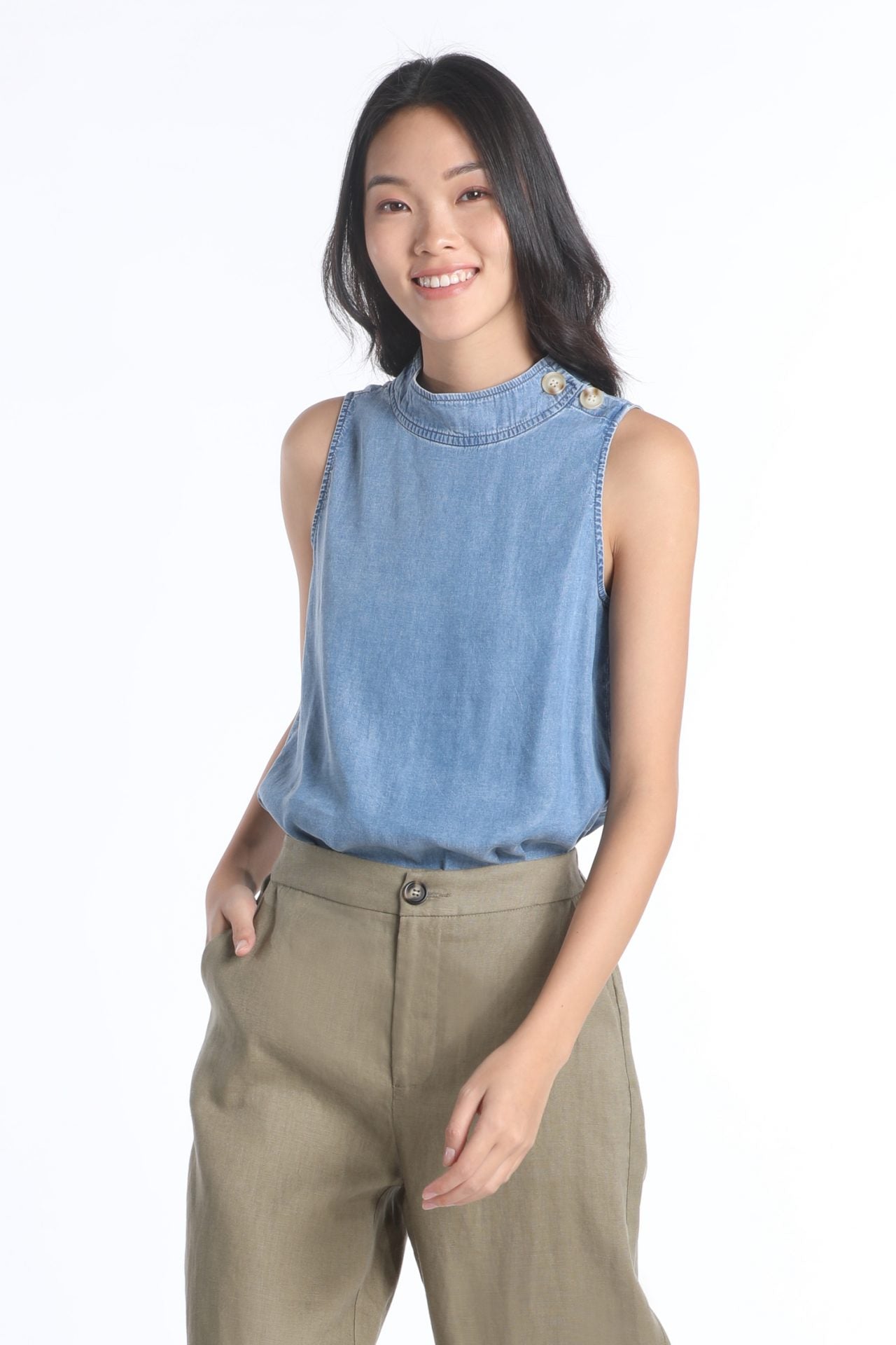 Denim Buttoned Sleeveless Blouse
