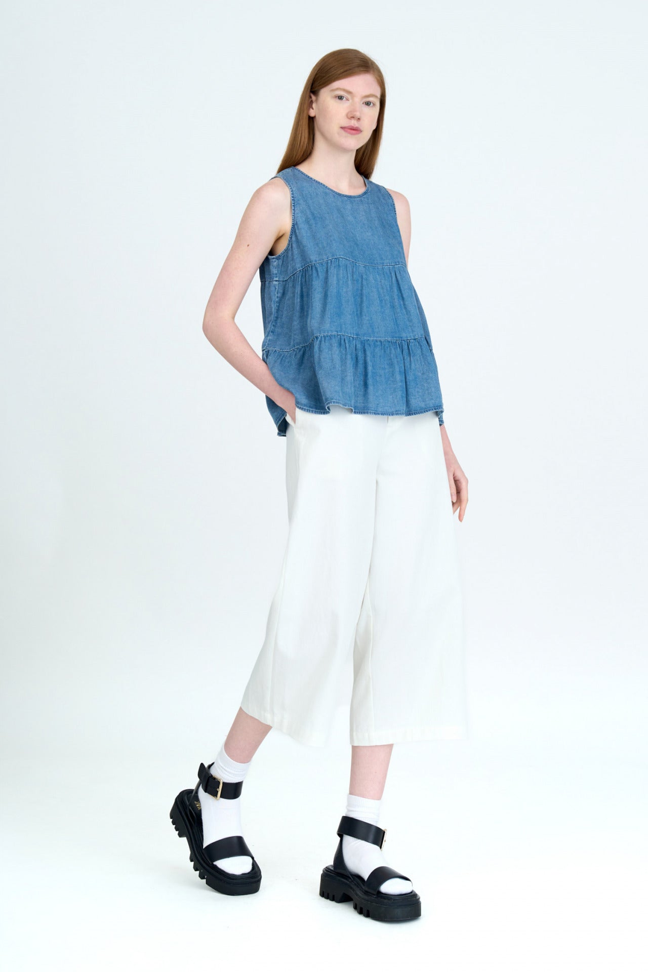 Denim Tiered Sleeveless Blouse - Denim